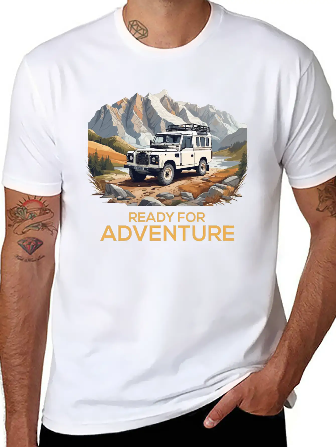 Land Rover Truck With Mountains Design Stylish Everyday T-Shirt – Unisex Basic Cotton Tee