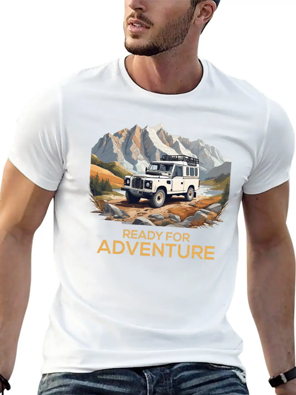 Land Rover Truck With Mountains Design Stylish Everyday T-Shirt – Unisex Basic Cotton Tee