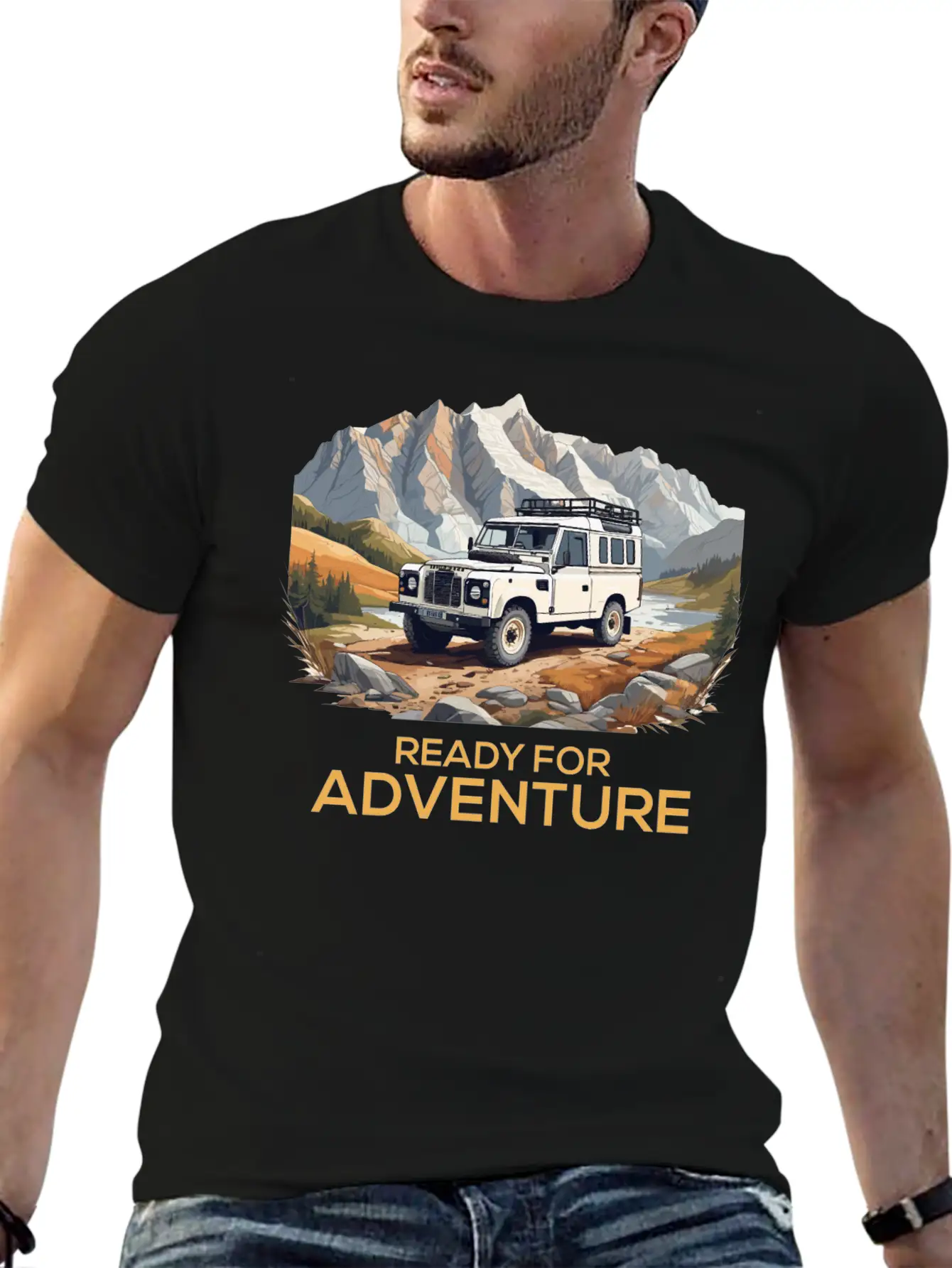 Land Rover Truck With Mountains Design Stylish Everyday T-Shirt – Unisex Basic Cotton Tee
