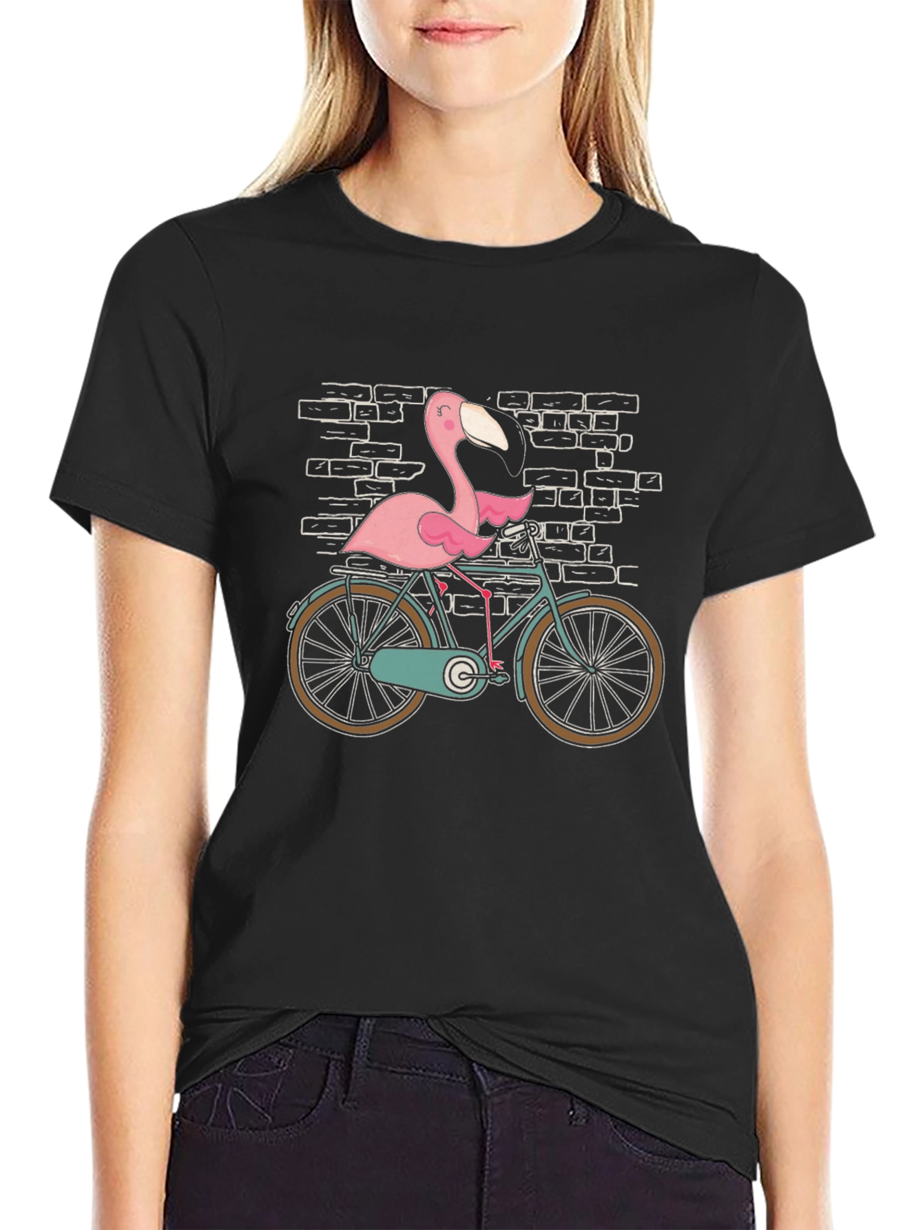 Flamingo on Bike Graphic Tee - Black Cotton T-Shirt