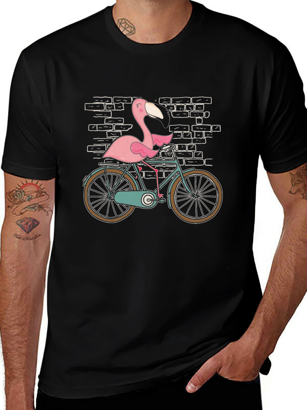 Flamingo on Bike Graphic Tee - Black Cotton T-Shirt