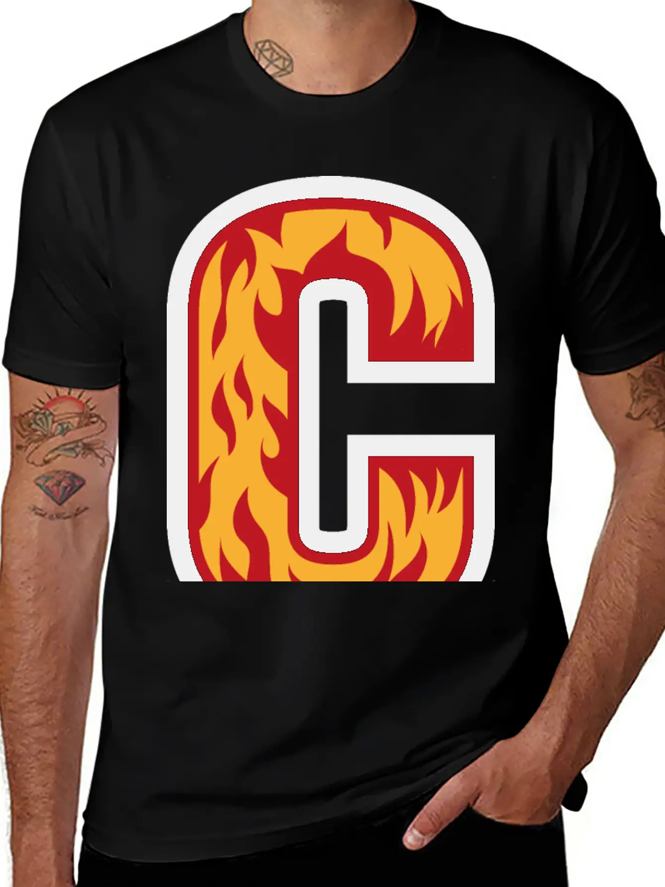 Letter C With Flames - Letter On Fire 🔥 Stylish Everyday T-Shirt – Unisex Basic Cotton Tee