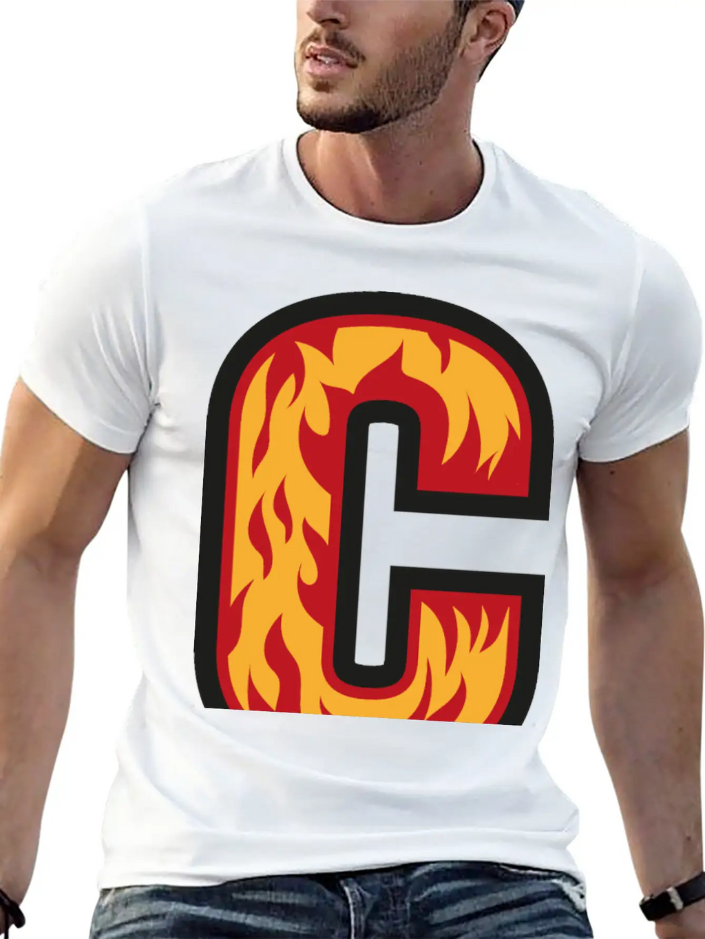 Letter C With Flames - Letter On Fire 🔥 Stylish Everyday T-Shirt – Unisex Basic Cotton Tee