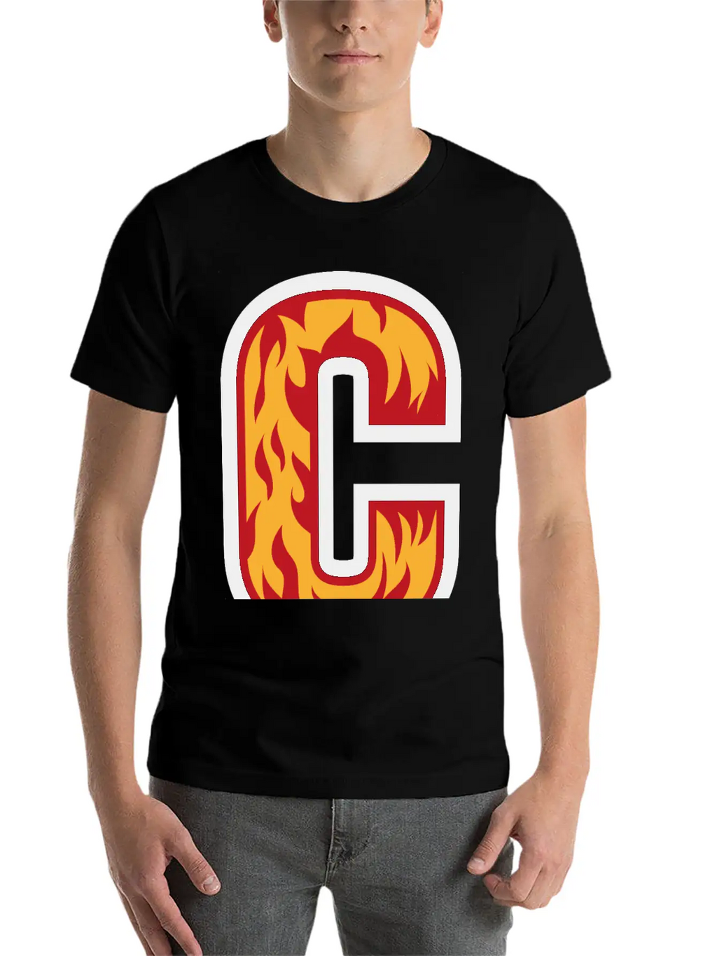 Letter C With Flames - Letter On Fire 🔥 Stylish Everyday T-Shirt – Unisex Basic Cotton Tee