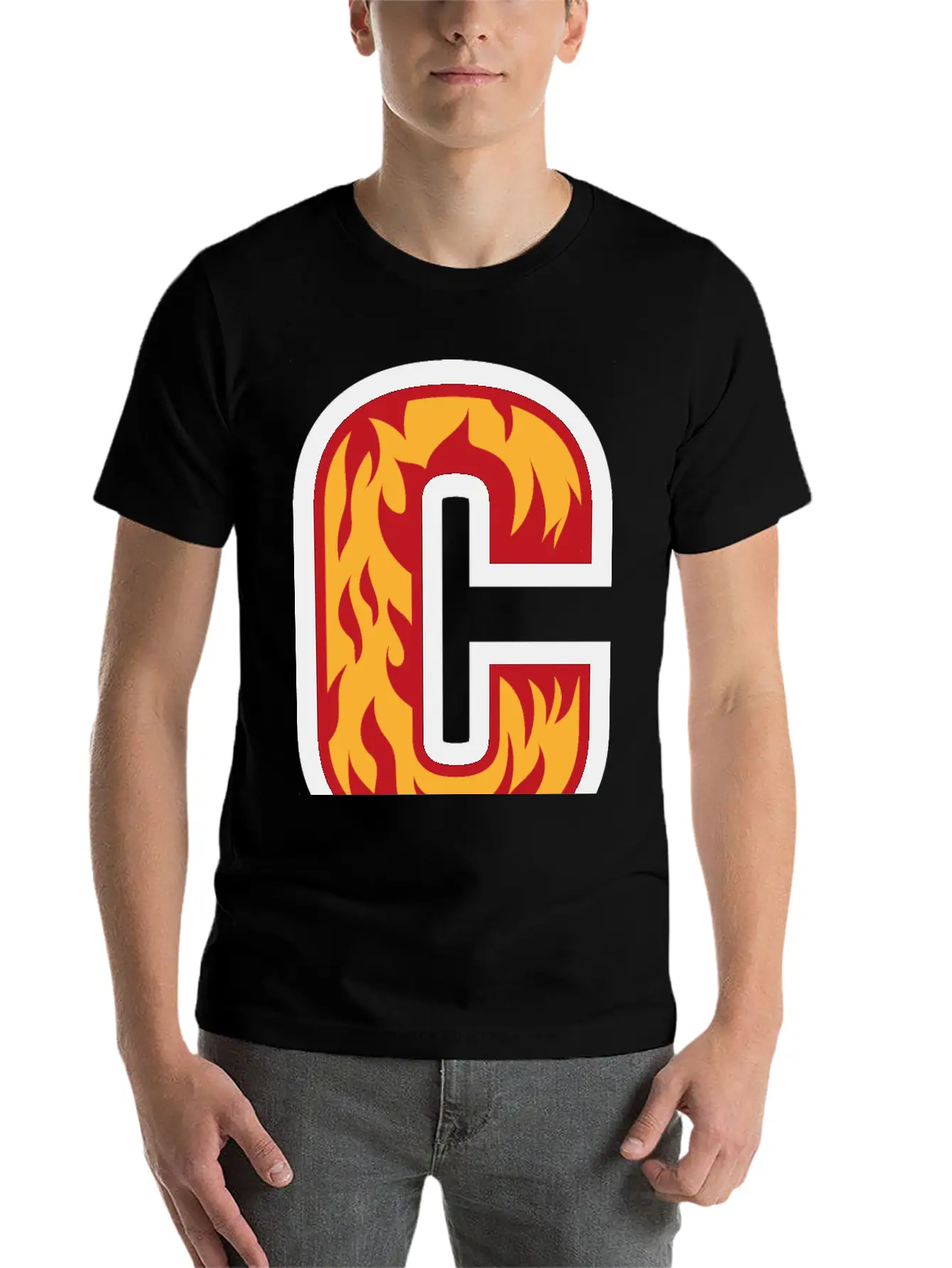 Letter C With Flames - Letter On Fire 🔥 Stylish Everyday T-Shirt – Unisex Basic Cotton Tee
