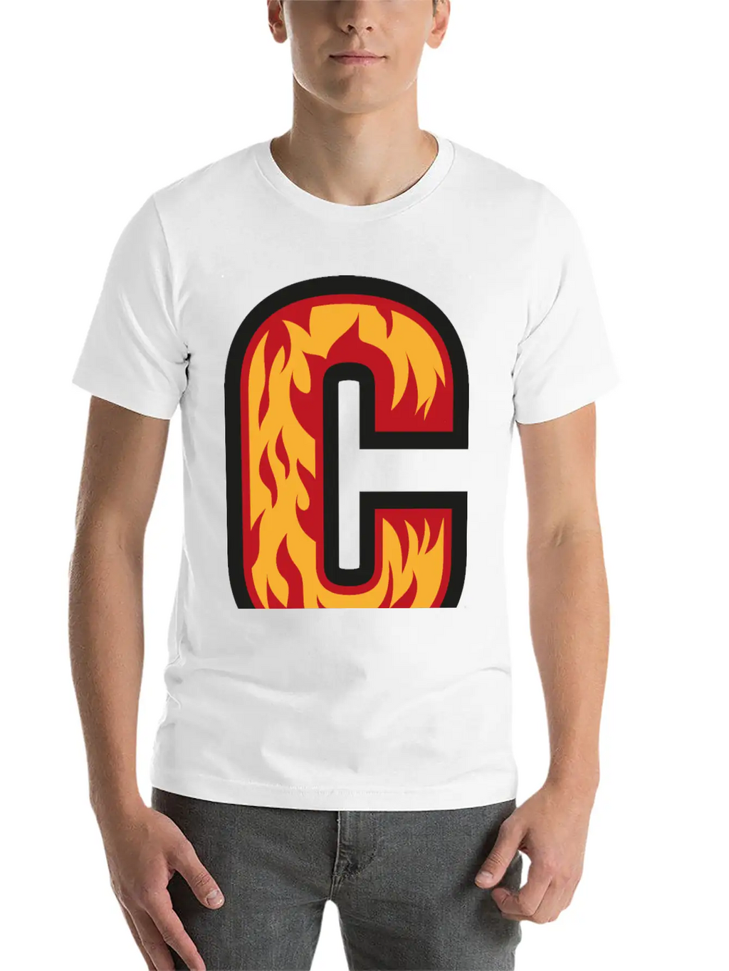 Letter C With Flames - Letter On Fire 🔥 Stylish Everyday T-Shirt – Unisex Basic Cotton Tee
