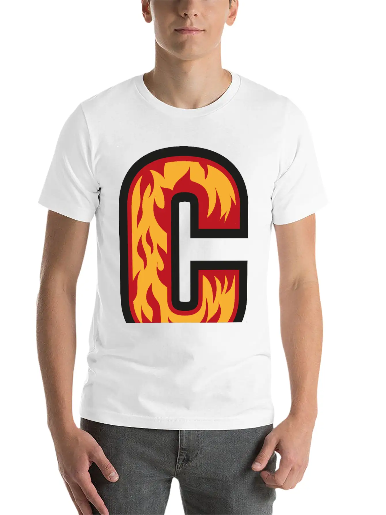 Letter C With Flames - Letter On Fire 🔥 Stylish Everyday T-Shirt – Unisex Basic Cotton Tee