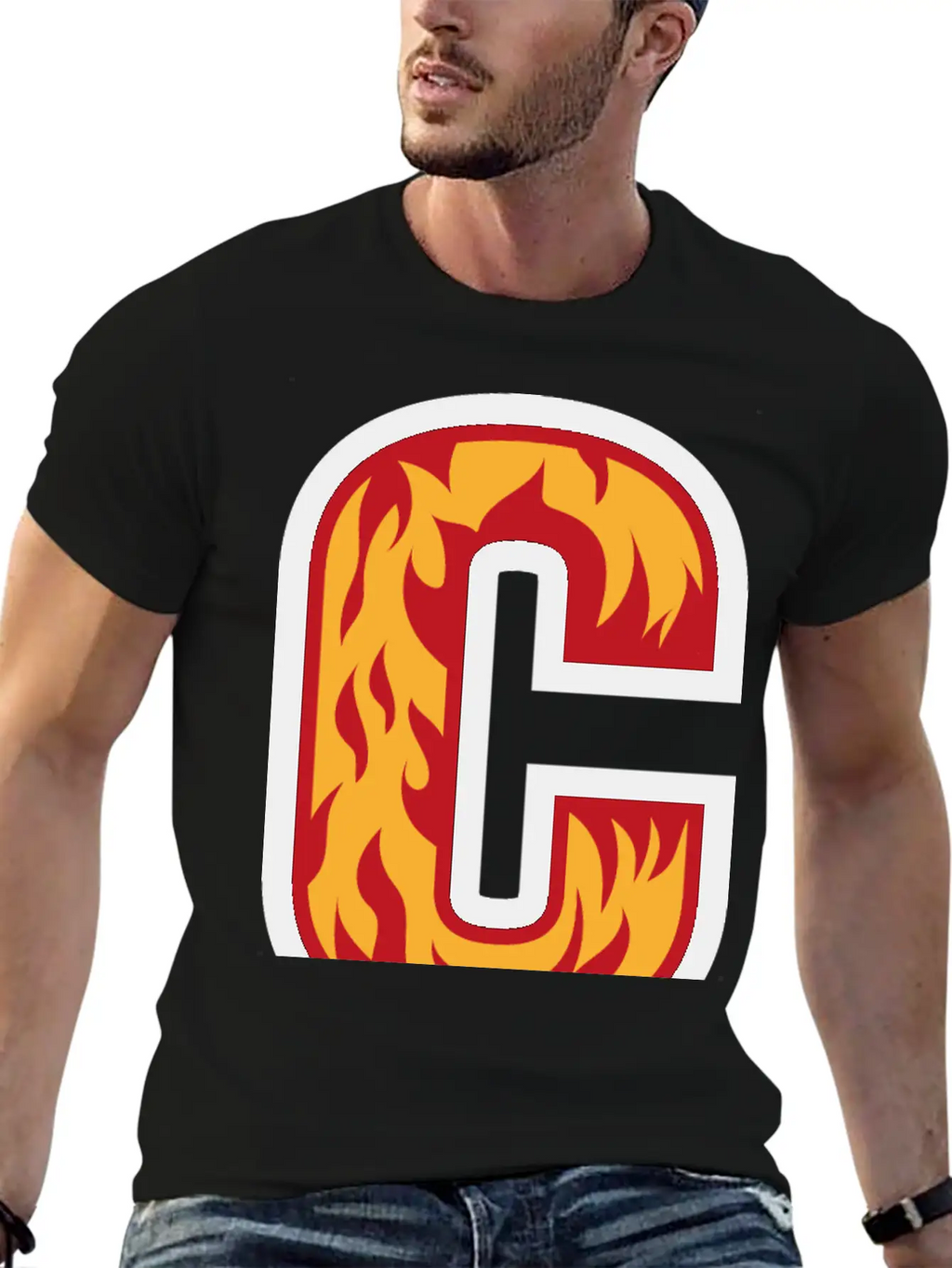 Letter C With Flames - Letter On Fire 🔥 Stylish Everyday T-Shirt – Unisex Basic Cotton Tee