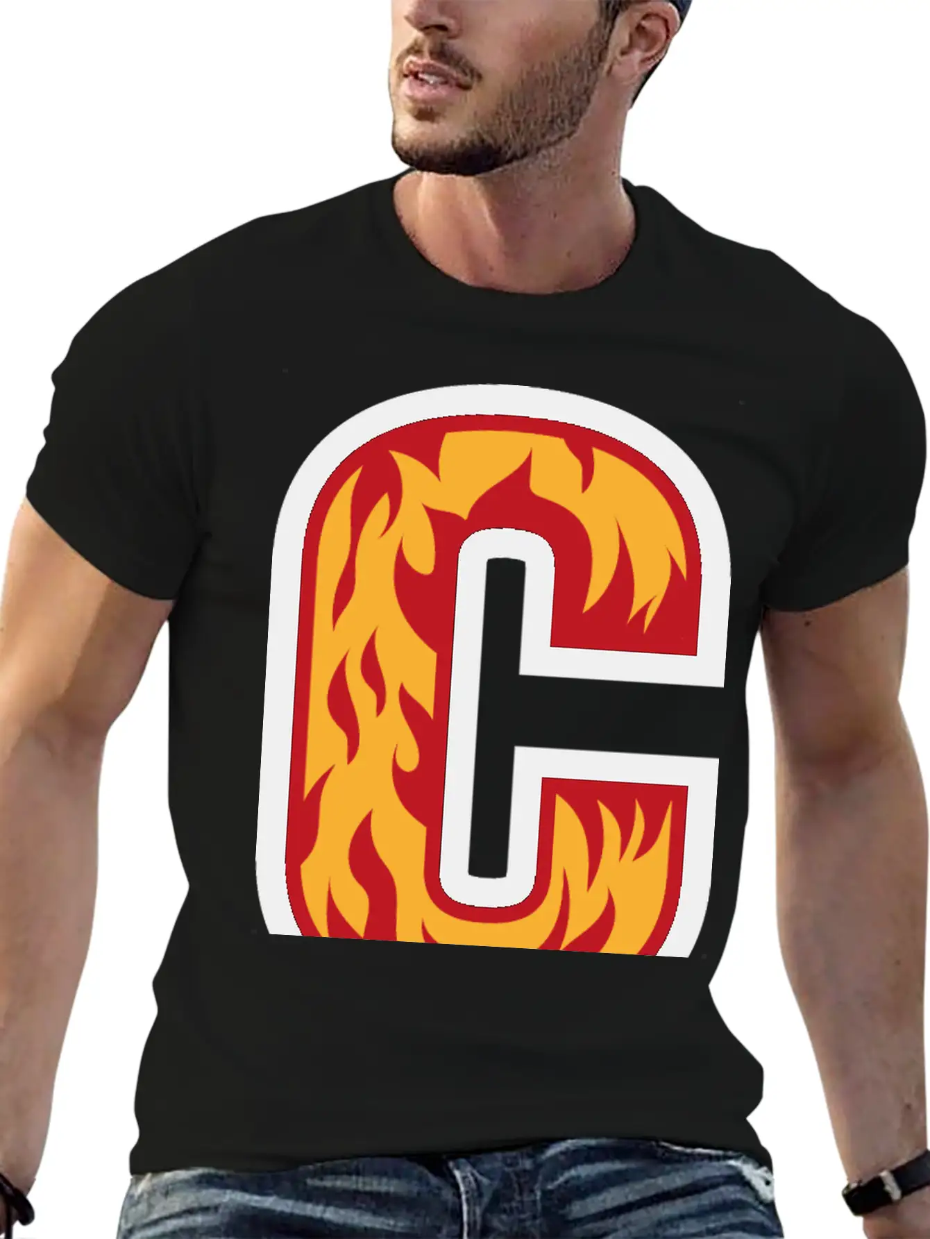 Letter C With Flames - Letter On Fire 🔥 Stylish Everyday T-Shirt – Unisex Basic Cotton Tee
