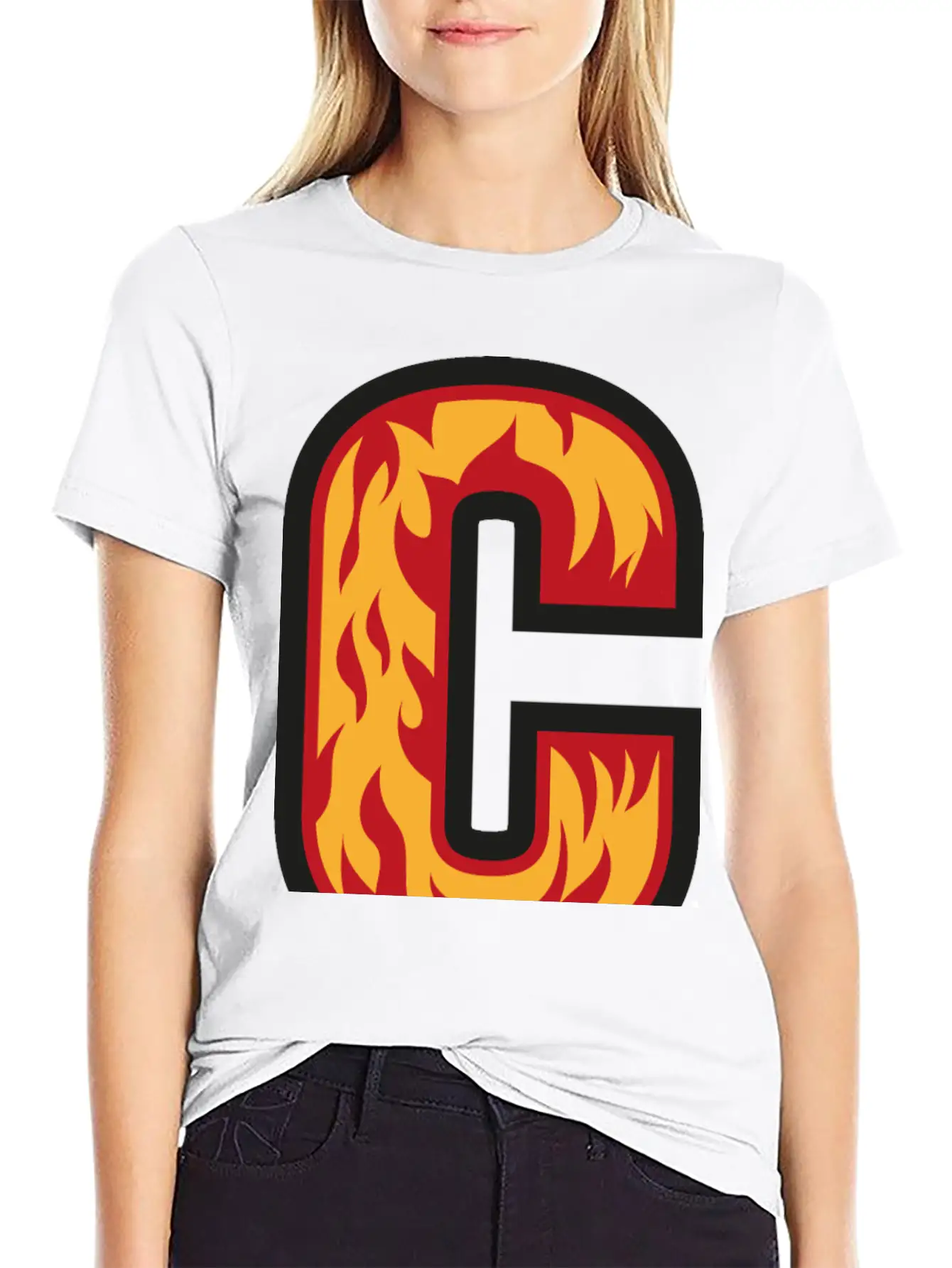 Letter C With Flames - Letter On Fire 🔥 Stylish Everyday T-Shirt – Unisex Basic Cotton Tee
