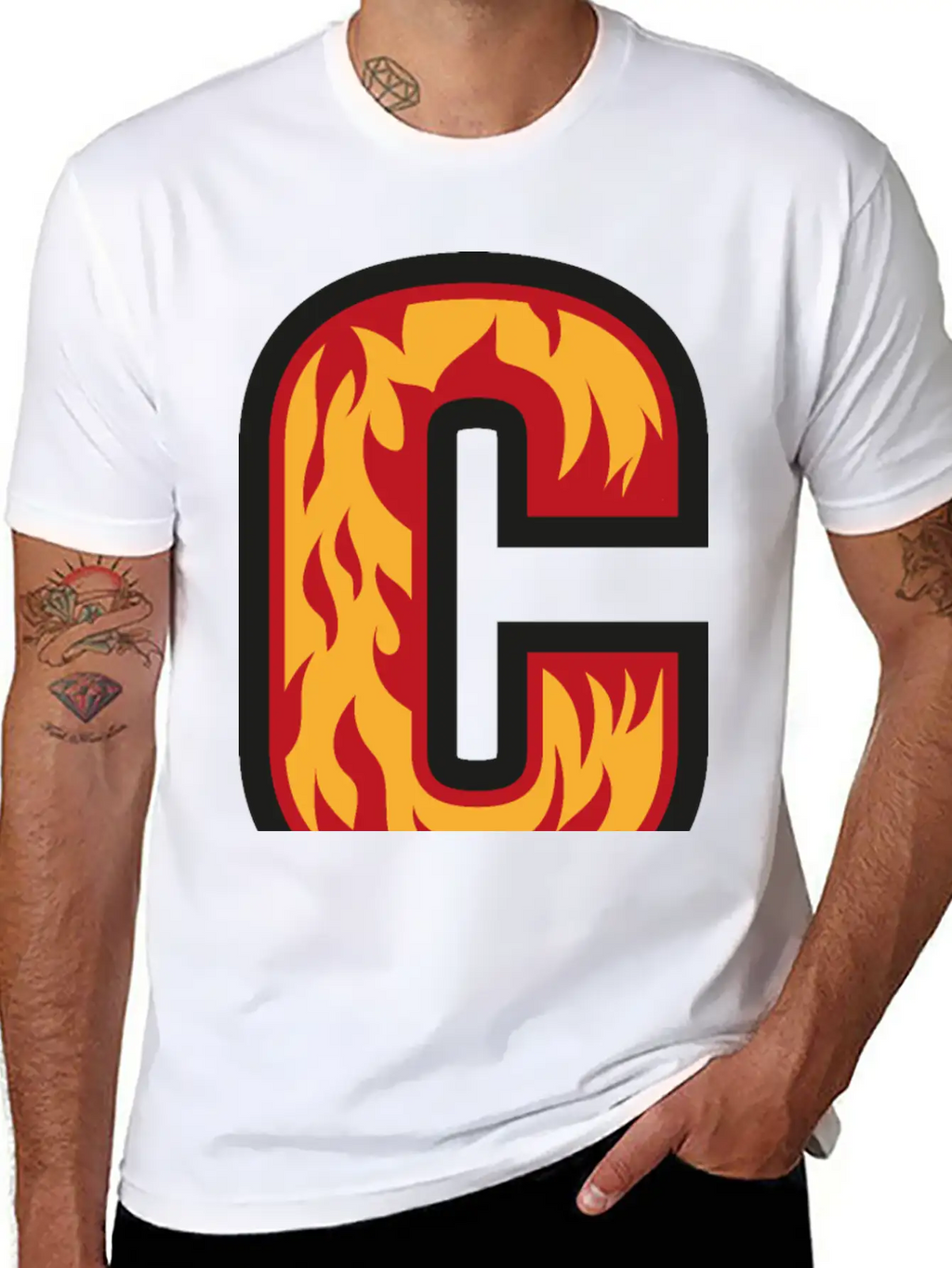 Letter C With Flames - Letter On Fire 🔥 Stylish Everyday T-Shirt – Unisex Basic Cotton Tee