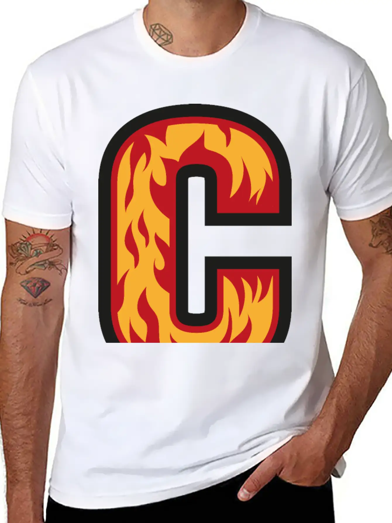 Letter C With Flames - Letter On Fire 🔥 Stylish Everyday T-Shirt – Unisex Basic Cotton Tee