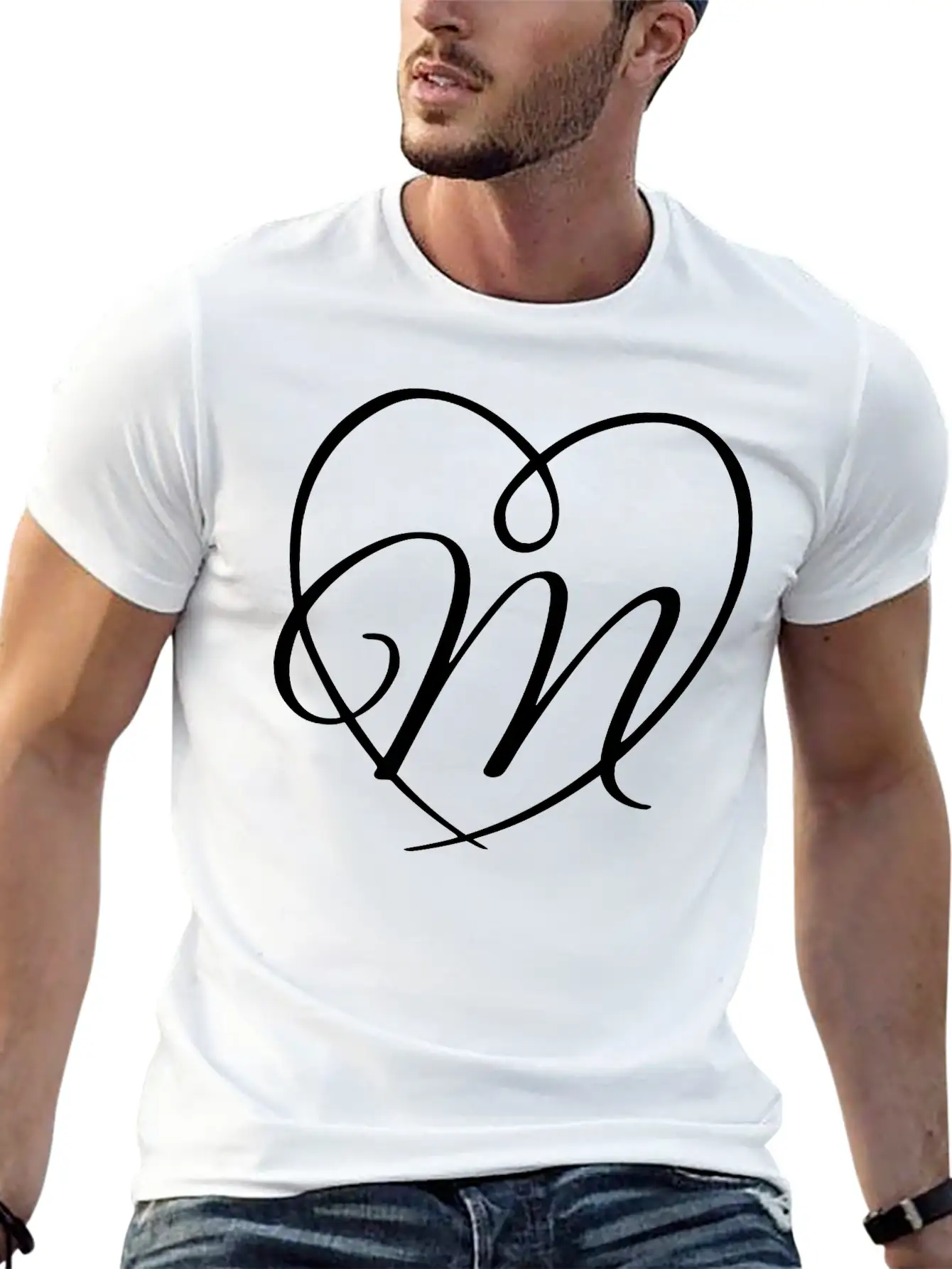 Letter M Heart Calligraphy Unisex Casual T-Shirt – Clean Design For Daily Comfort