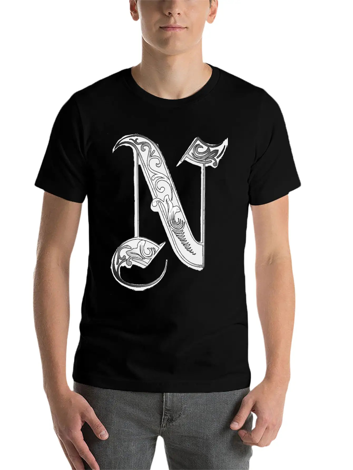 Lettering Old English Letter N Breathable Soft Cotton T-Shirt – Timeless Casual Look