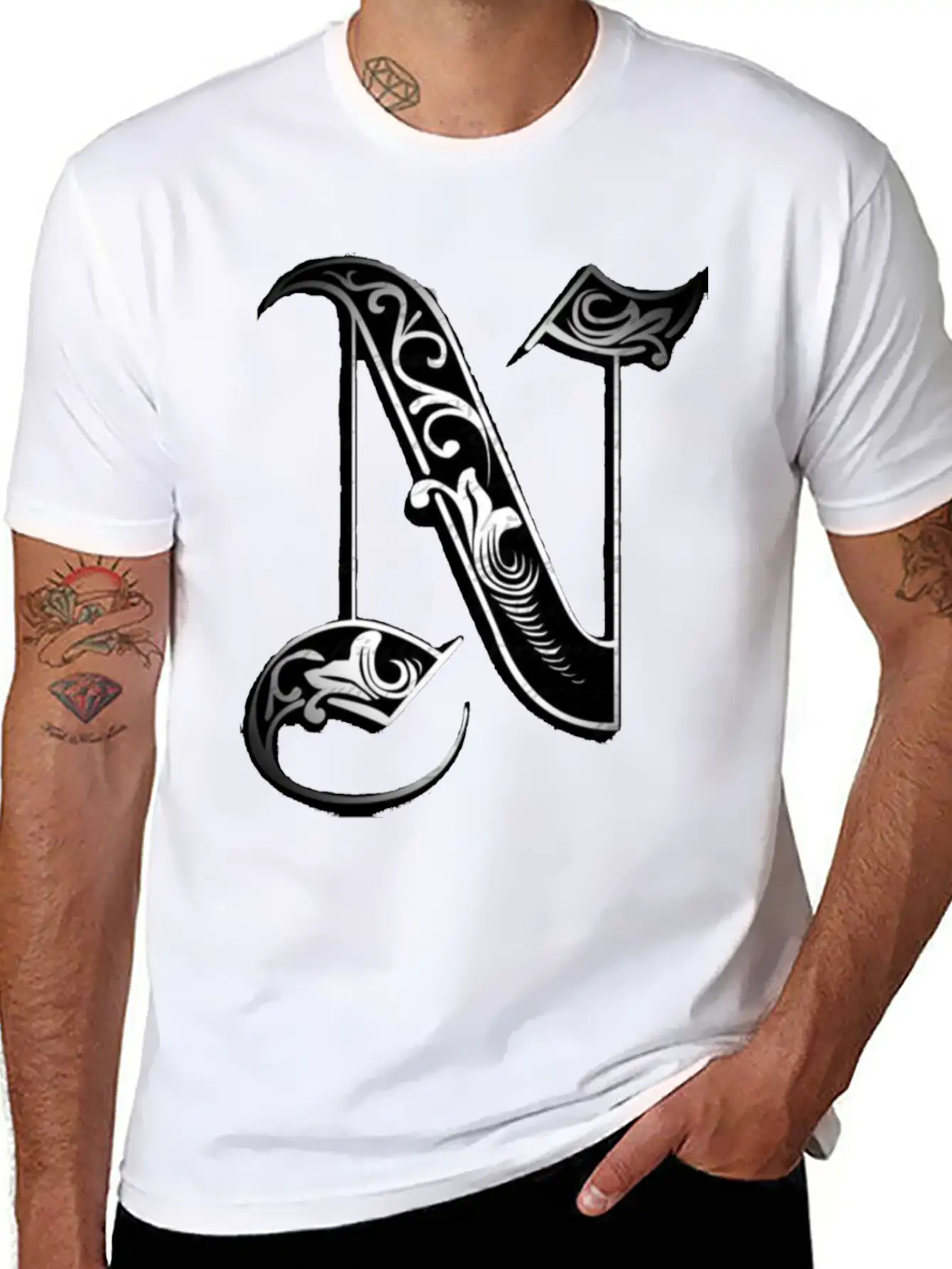 Lettering Old English Letter N Breathable Soft Cotton T-Shirt – Timeless Casual Look
