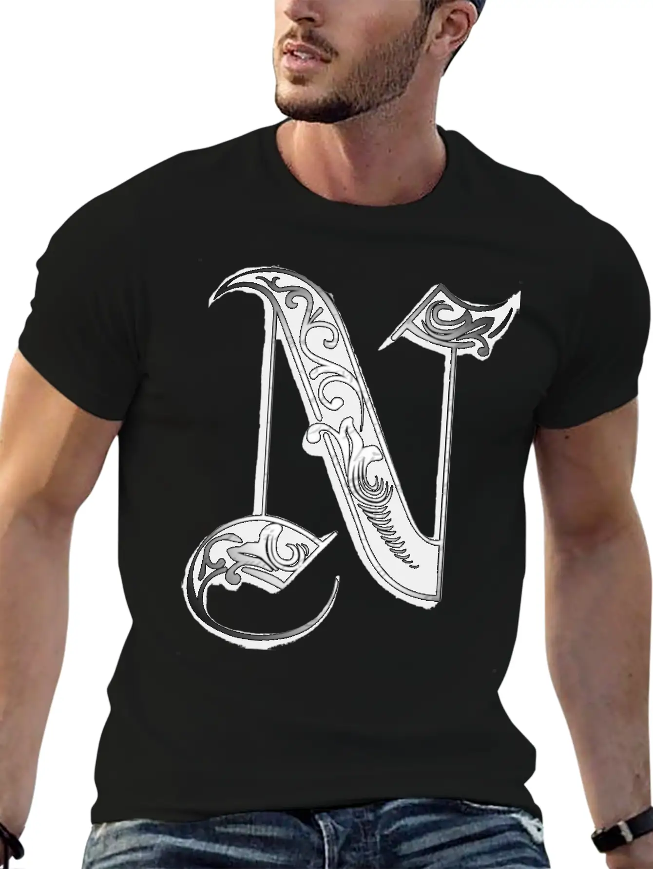 Lettering Old English Letter N Breathable Soft Cotton T-Shirt – Timeless Casual Look