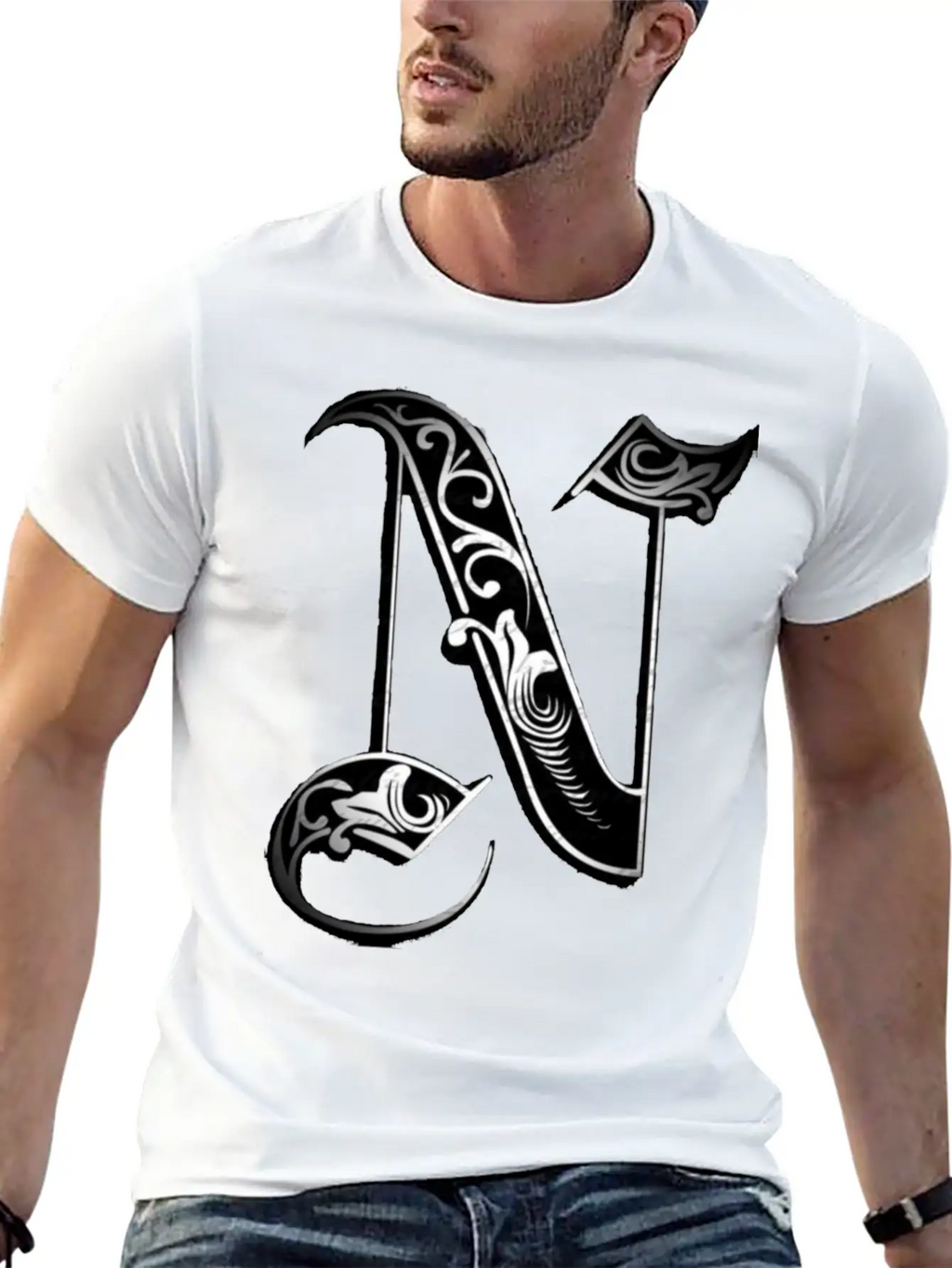 Lettering Old English Letter N Breathable Soft Cotton T-Shirt – Timeless Casual Look