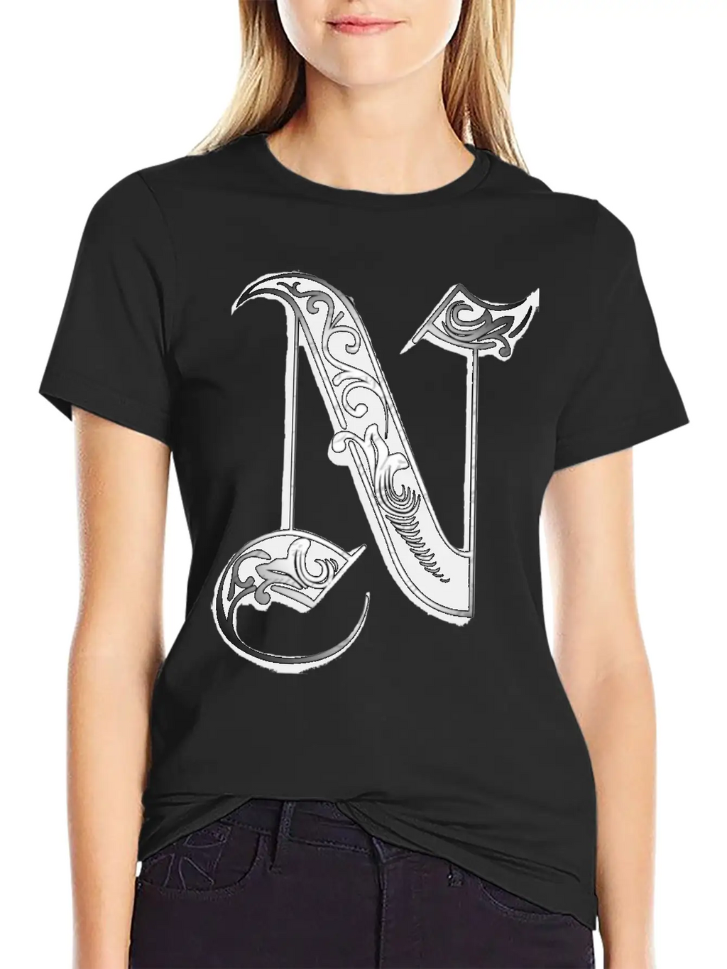 Lettering Old English Letter N Breathable Soft Cotton T-Shirt – Timeless Casual Look