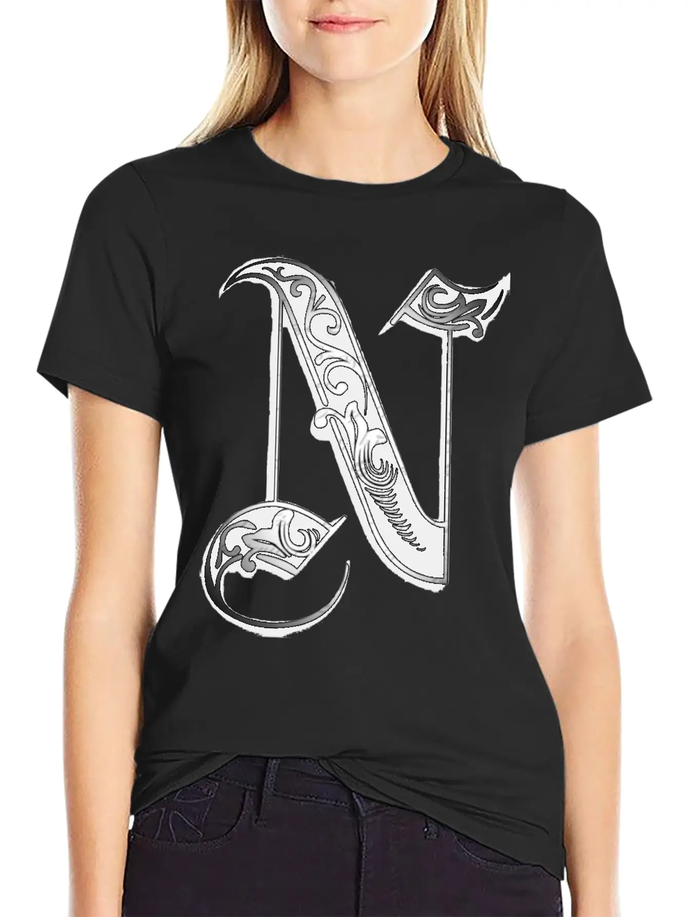 Lettering Old English Letter N Breathable Soft Cotton T-Shirt – Timeless Casual Look