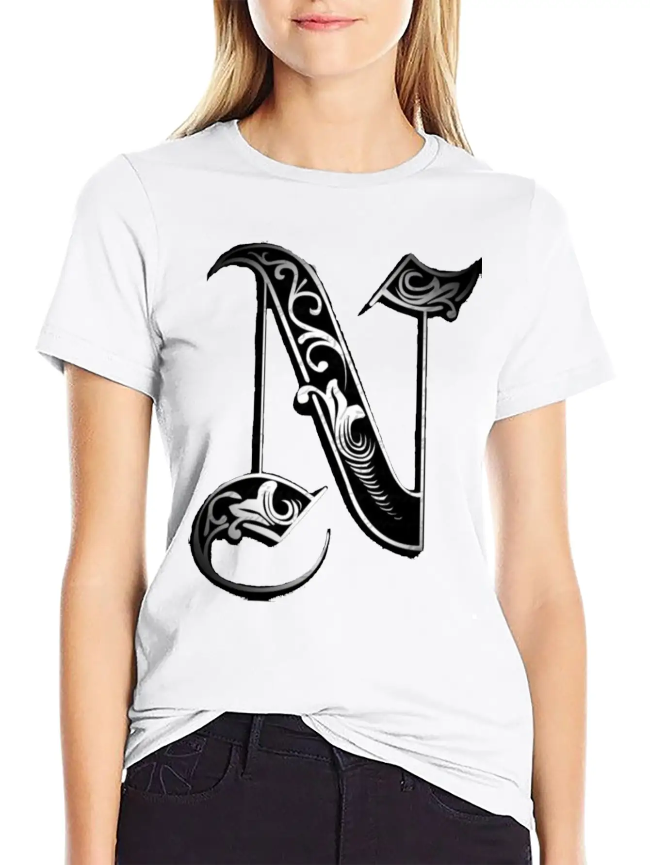 Lettering Old English Letter N Breathable Soft Cotton T-Shirt – Timeless Casual Look