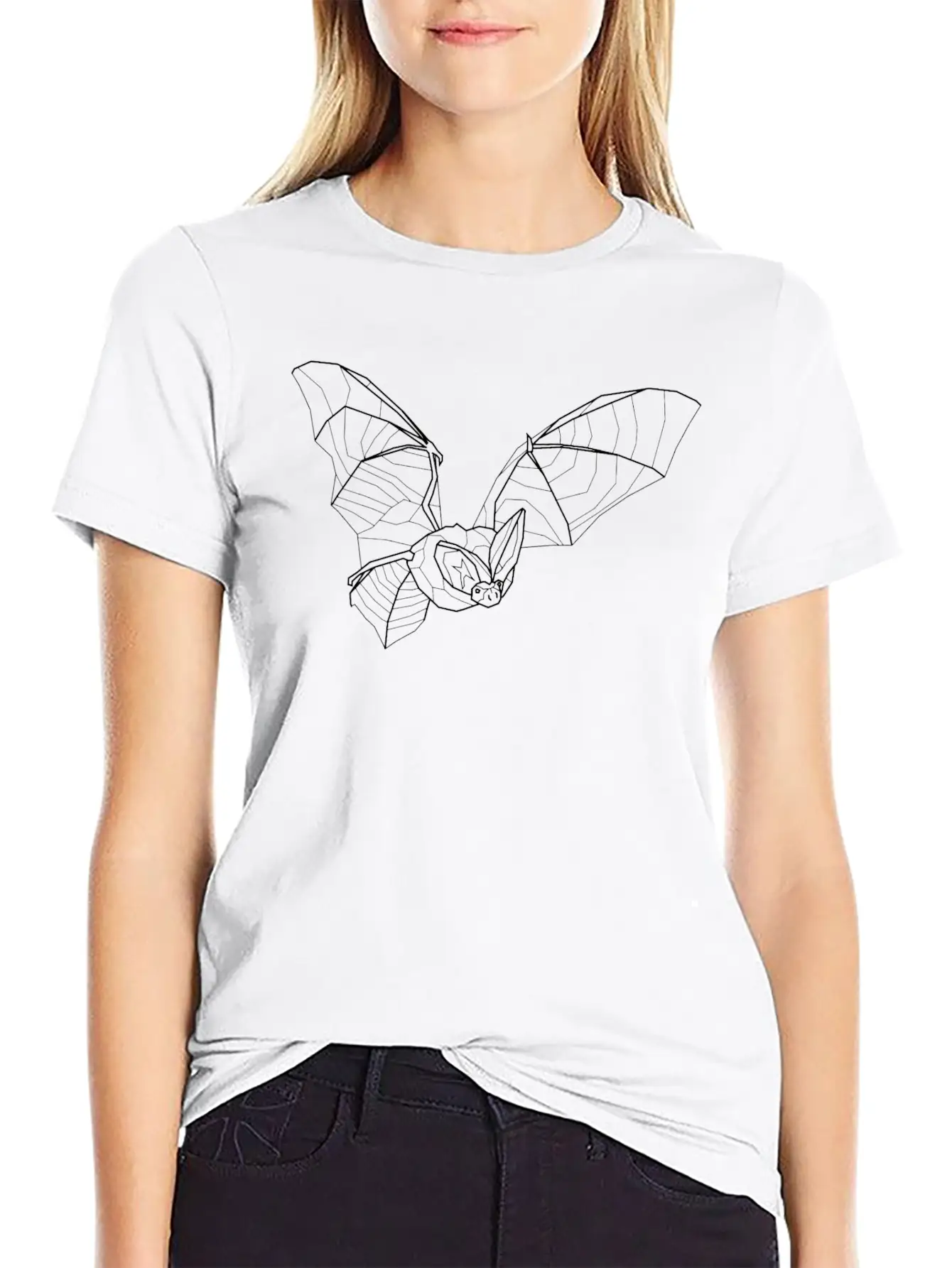 Line Art White Long Eared Bat - Little Vampire Essential Cotton Tee For Daily Outfits – Unisex Style