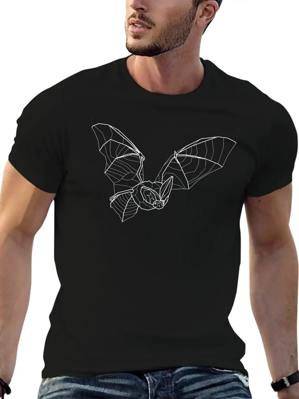 Line Art White Long Eared Bat - Little Vampire Essential Cotton Tee For Daily Outfits – Unisex Style