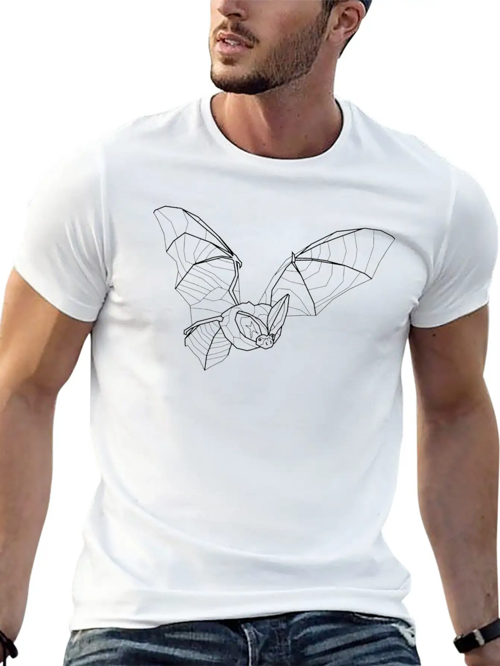 Line Art White Long Eared Bat - Little Vampire Essential Cotton Tee For Daily Outfits – Unisex Style
