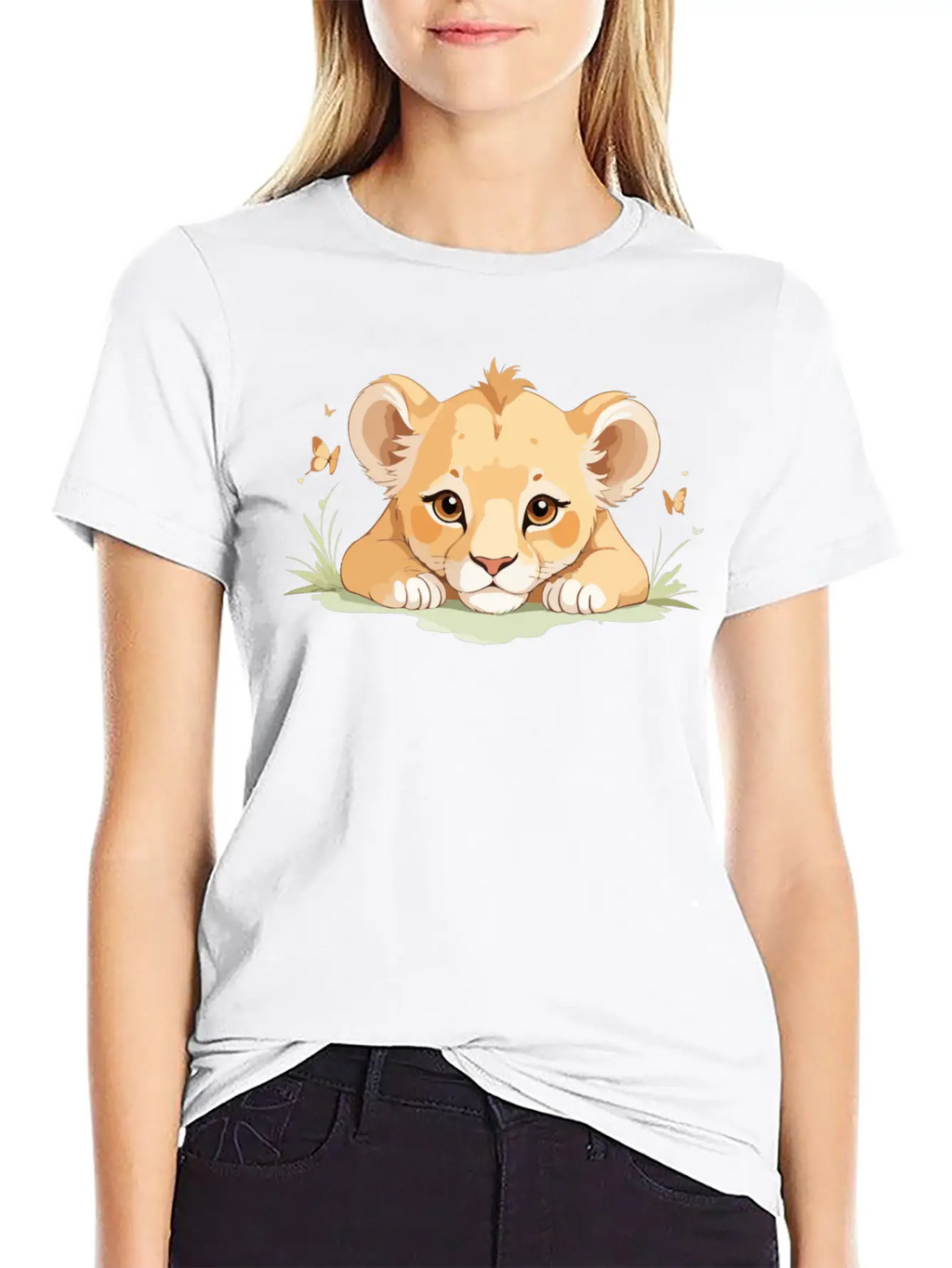 Lion Cub With Butterflies Essential Cotton Tee For Daily Outfits – Unisex Style