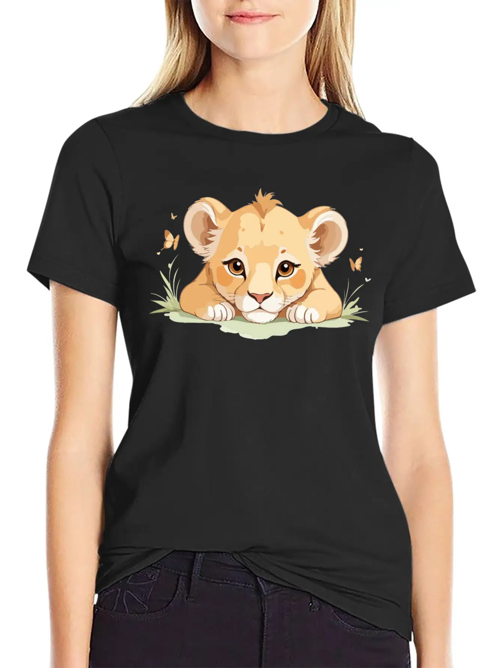 Lion Cub With Butterflies Essential Cotton Tee For Daily Outfits – Unisex Style