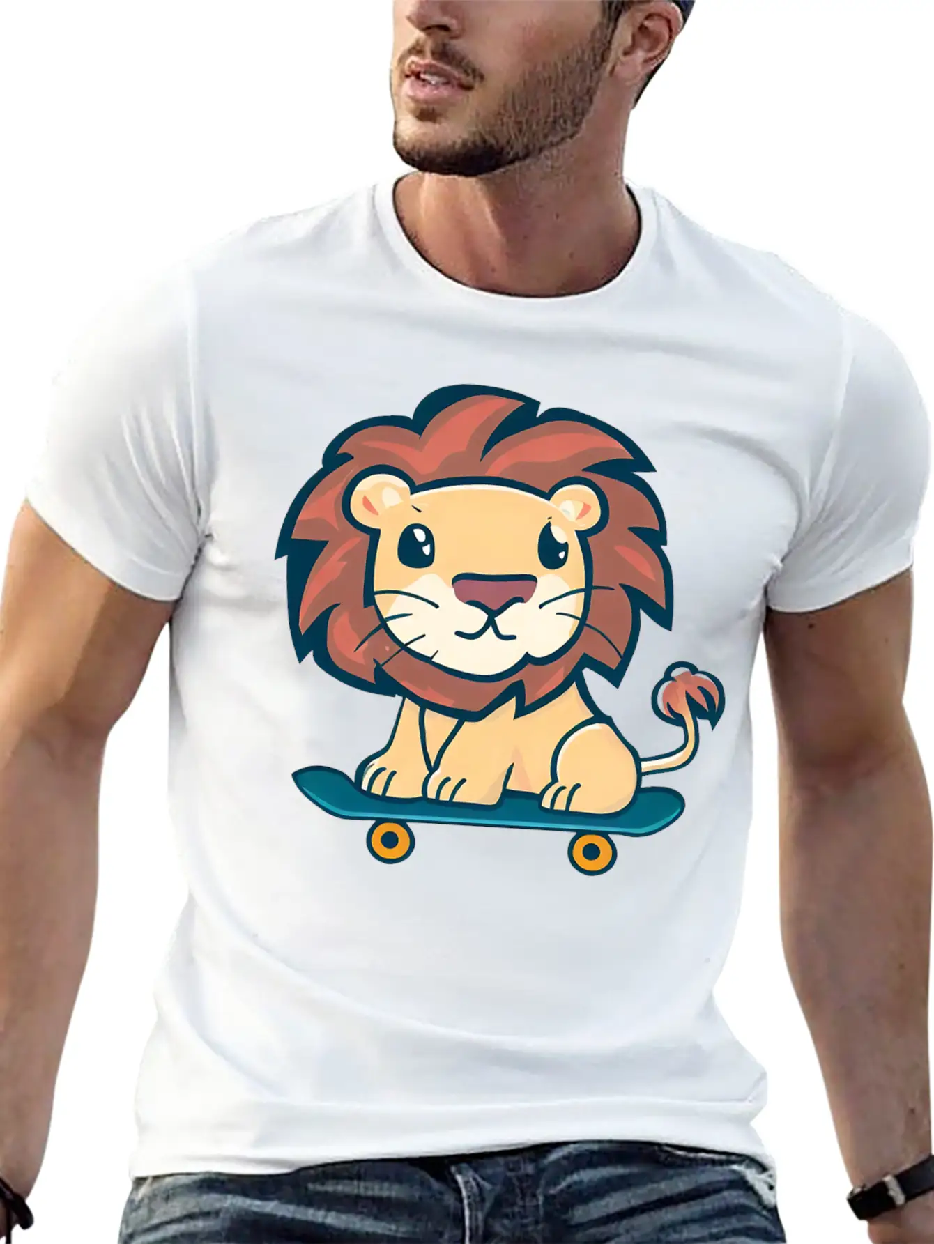 Lion On Skateboard Breathable Graphic T-Shirt – Perfect For Casual Days