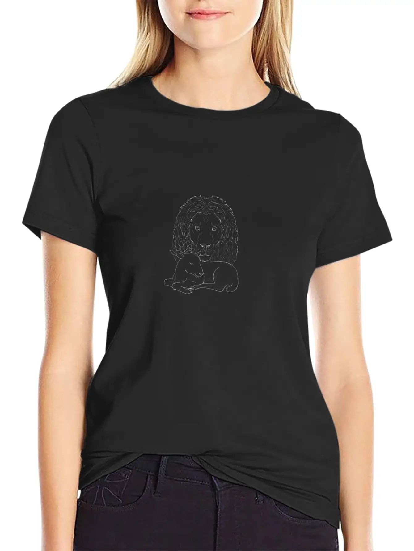 Lion Watching Over Sleeping Lamb Drawing Unisex Casual T-Shirt – Clean Design For Daily Comfort