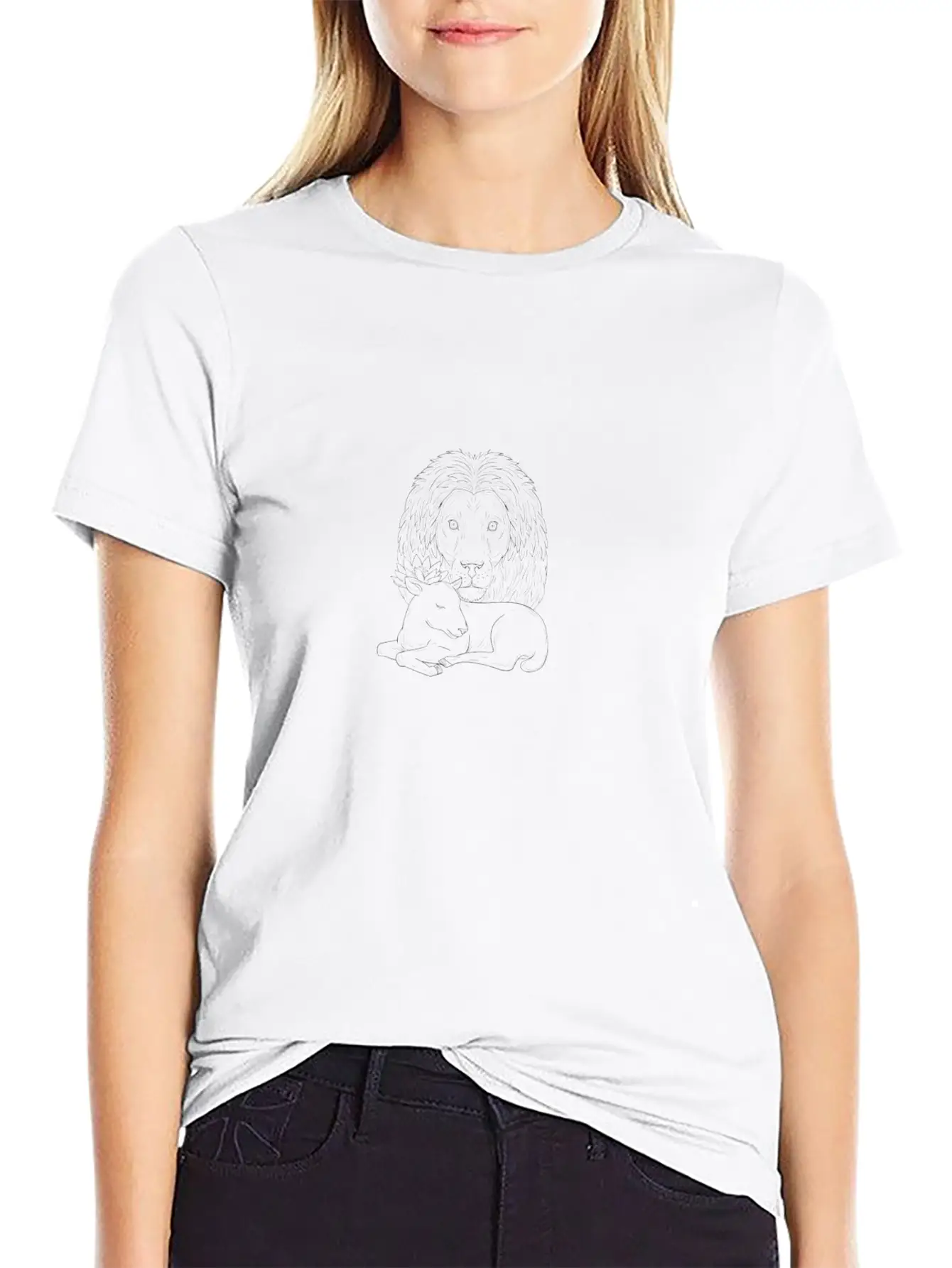 Lion Watching Over Sleeping Lamb Drawing Unisex Casual T-Shirt – Clean Design For Daily Comfort
