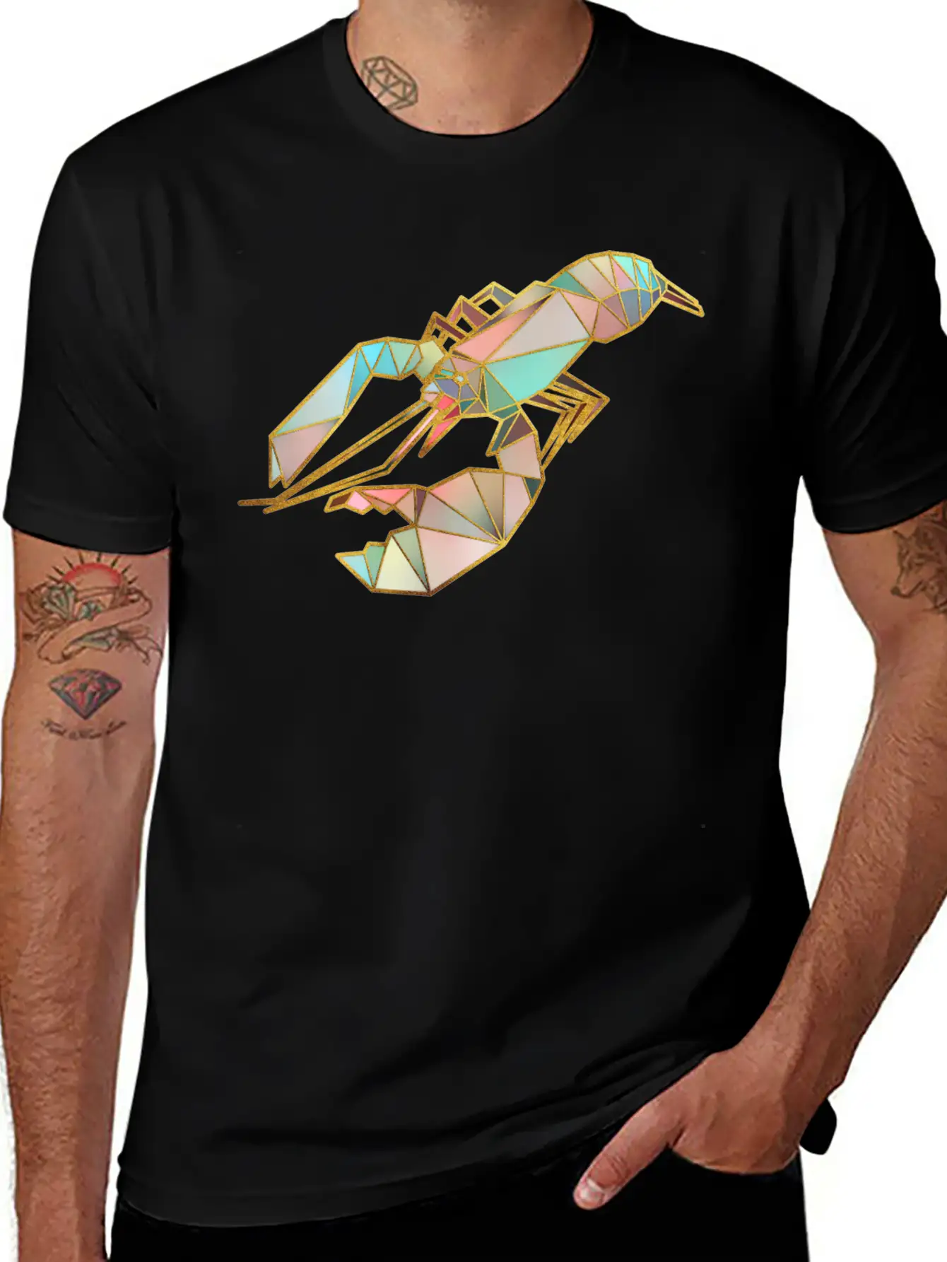 Lobster Geometric Gold Lines Essential Cotton Tee For Daily Outfits – Unisex Style