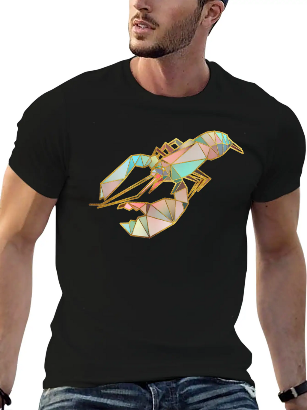 Lobster Geometric Gold Lines Essential Cotton Tee For Daily Outfits – Unisex Style
