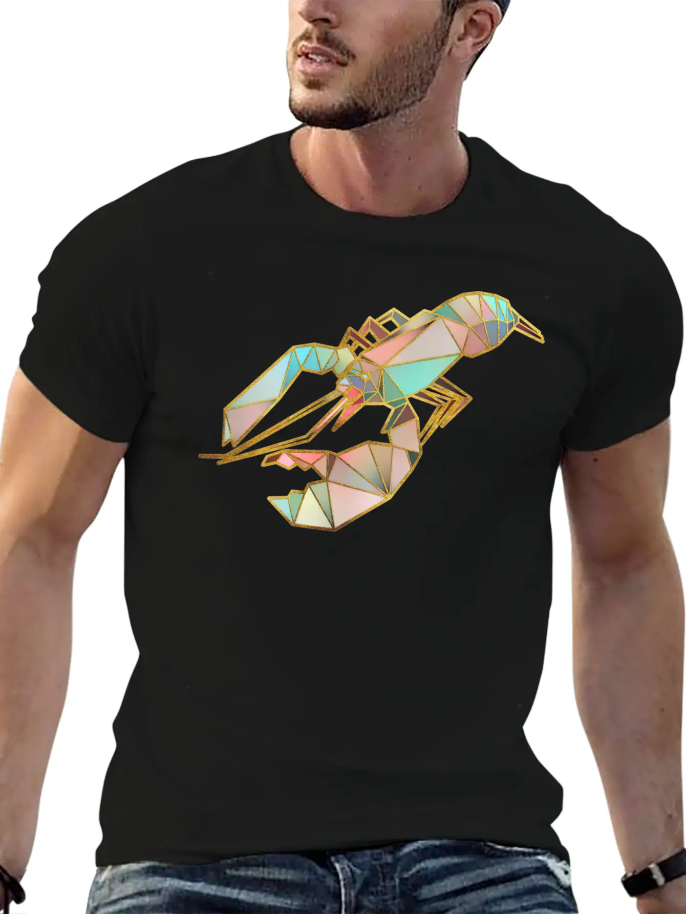 Lobster Geometric Gold Lines Essential Cotton Tee For Daily Outfits – Unisex Style