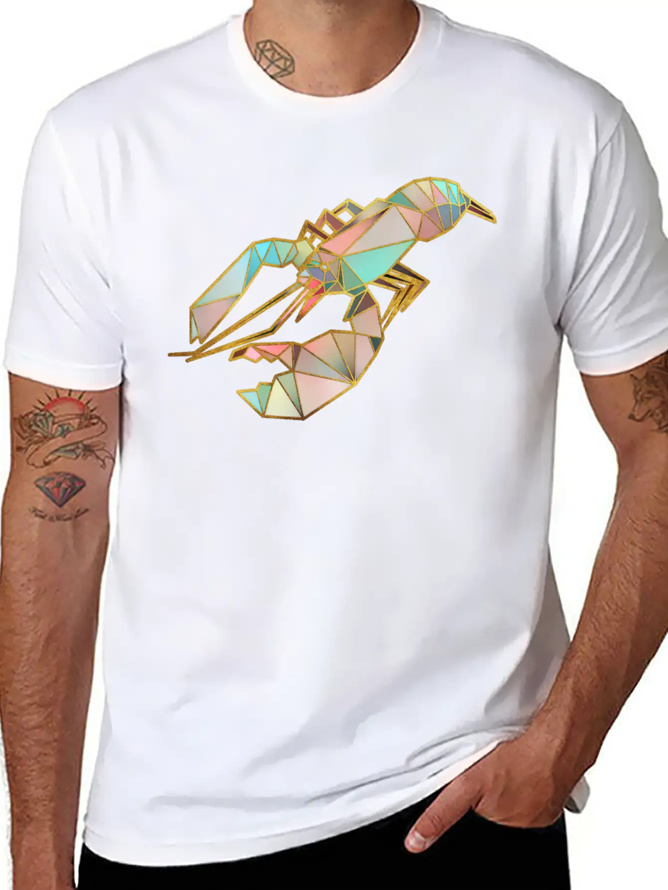 Lobster Geometric Gold Lines Essential Cotton Tee For Daily Outfits – Unisex Style