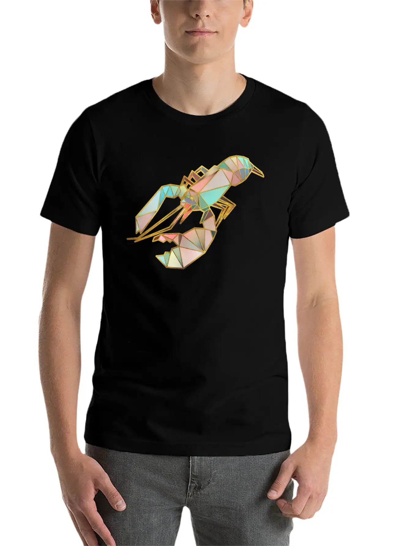 Lobster Geometric Gold Lines Essential Cotton Tee For Daily Outfits – Unisex Style