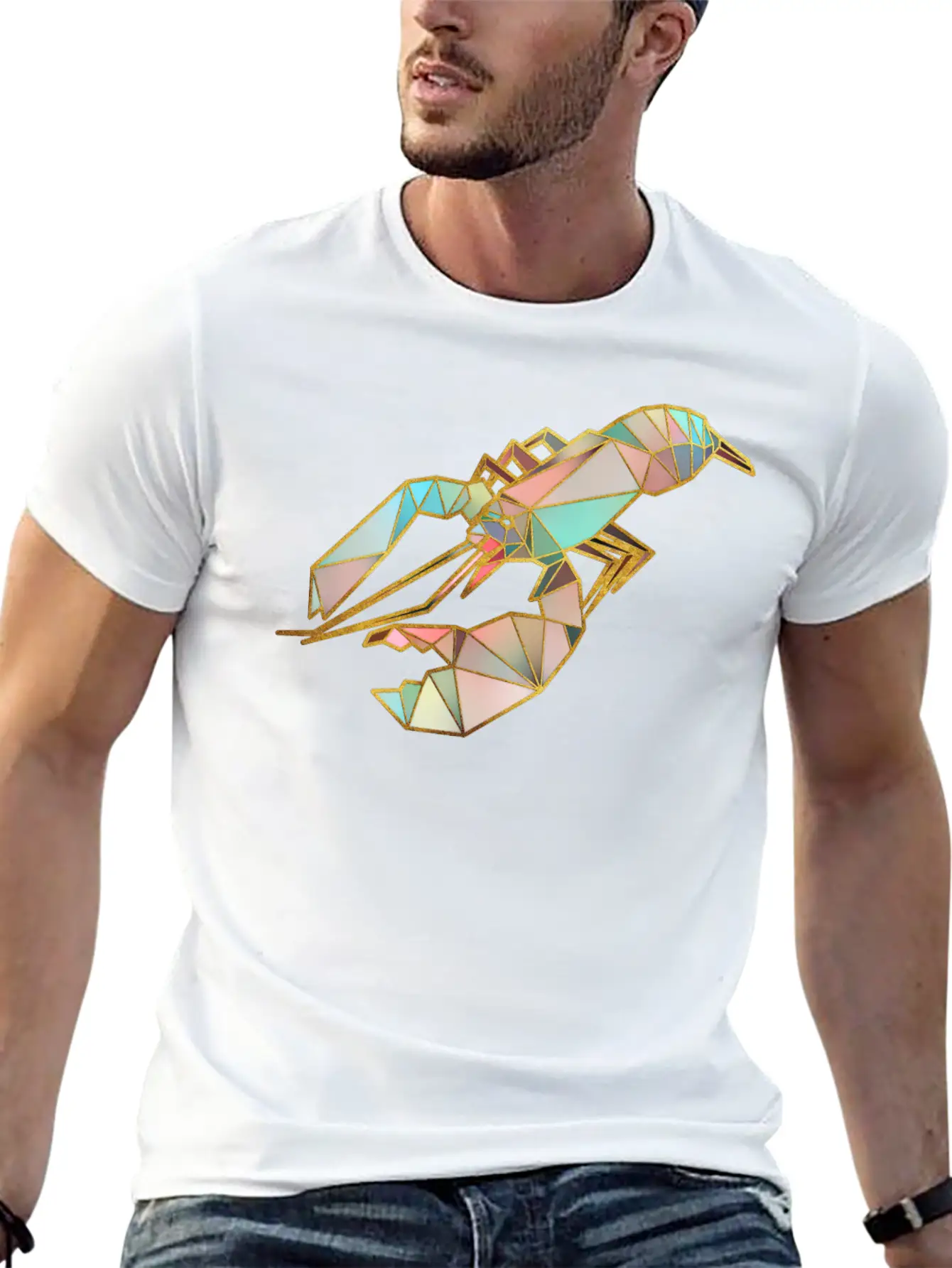 Lobster Geometric Gold Lines Essential Cotton Tee For Daily Outfits – Unisex Style