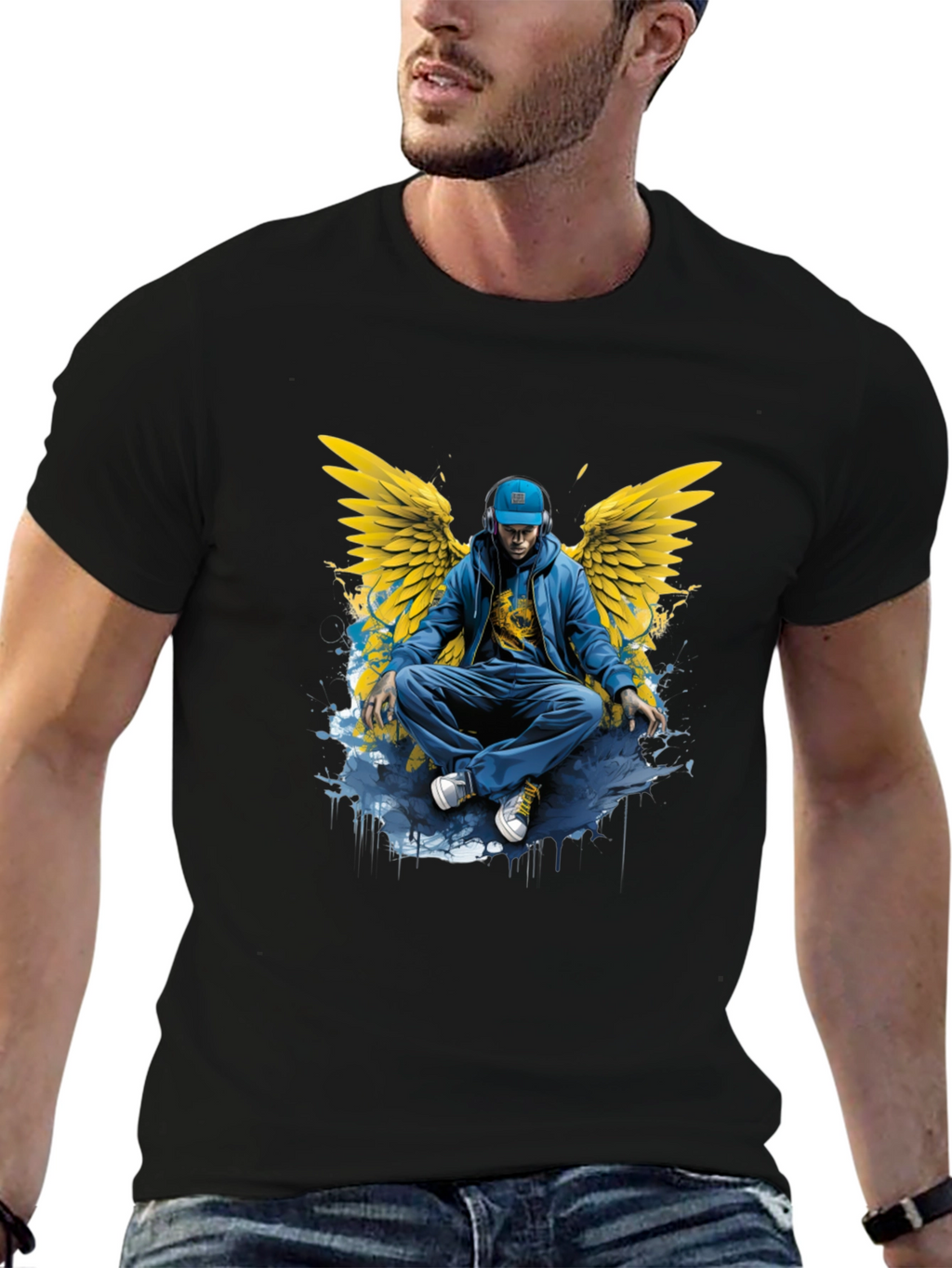 Winged Angel Graphic Print Black T-Shirt