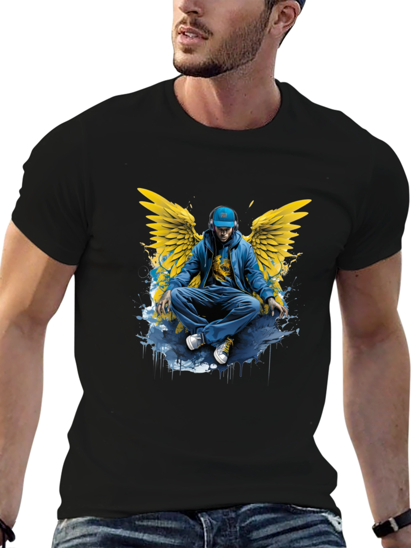 Winged Angel Graphic Print Black T-Shirt