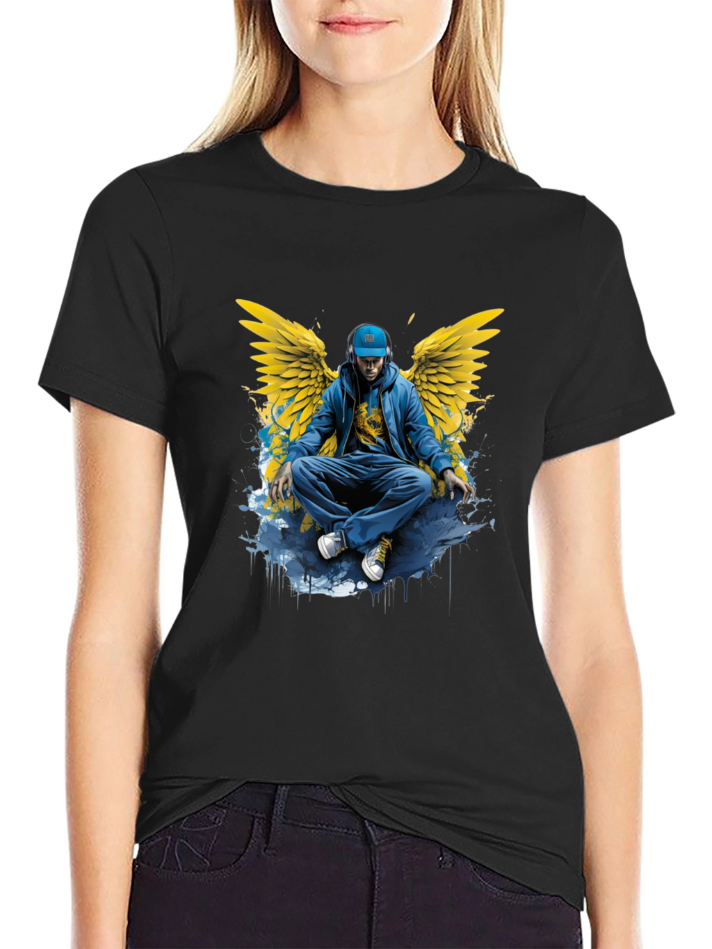 Winged Angel Graphic Print Black T-Shirt
