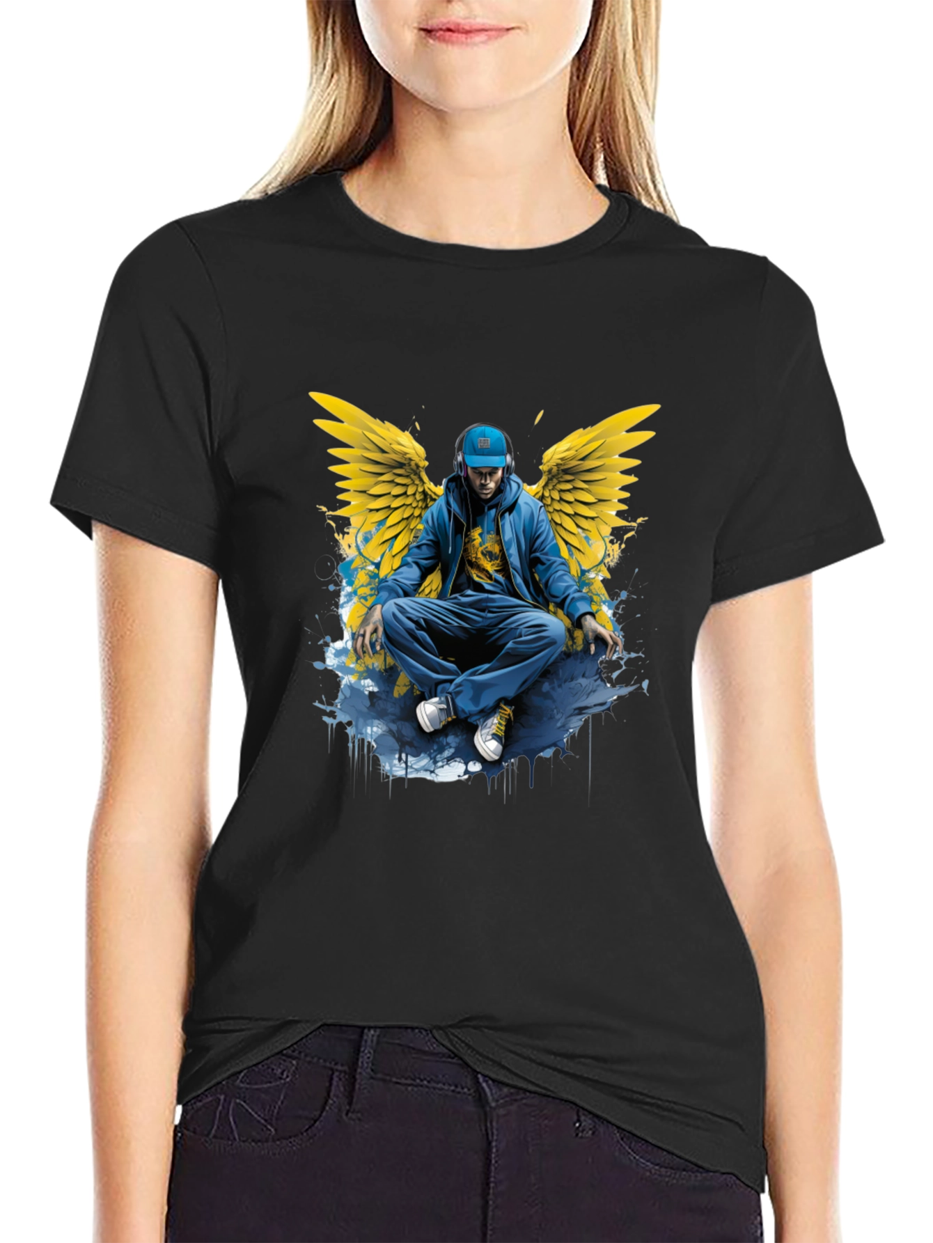 Winged Angel Graphic Print Black T-Shirt