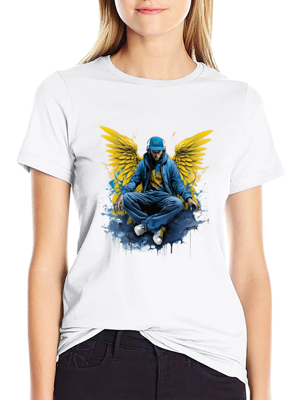 Winged Angel Graphic Print Black T-Shirt