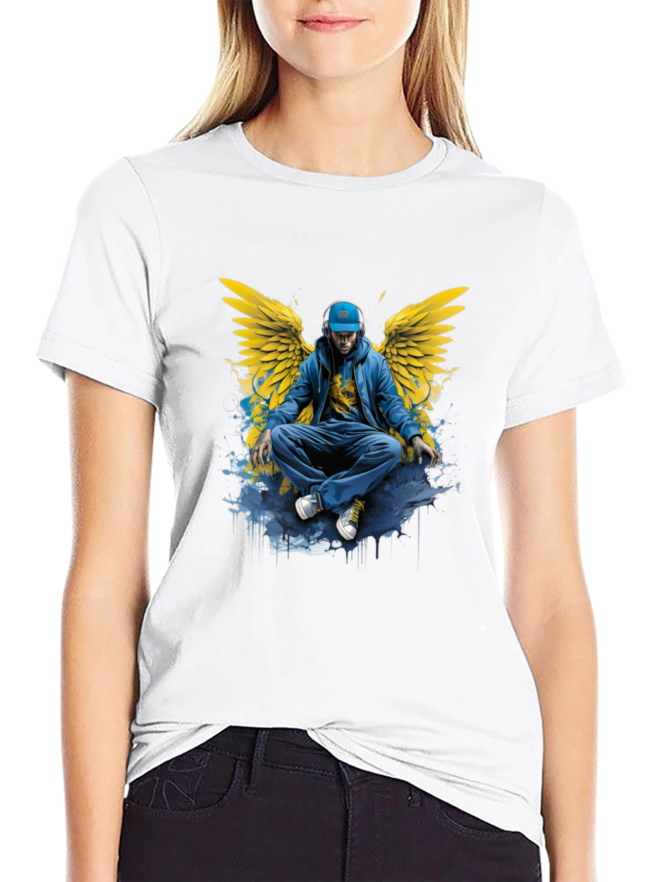 Winged Angel Graphic Print Black T-Shirt