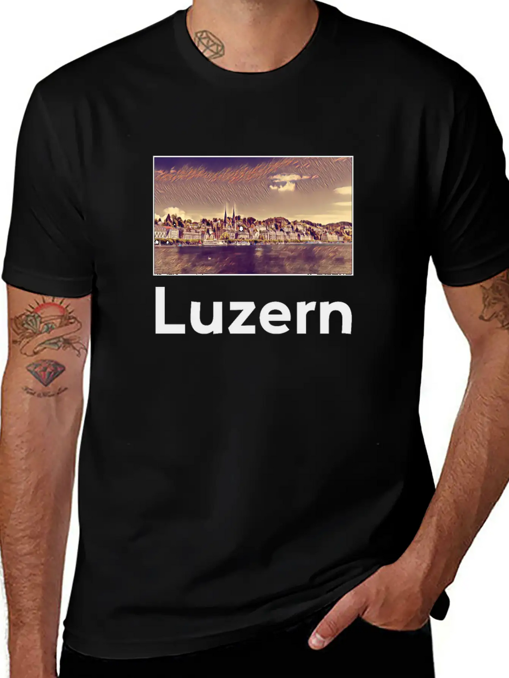 Luzern City Skyline Sights Silhouette Landmark Stylish Everyday T-Shirt – Unisex Basic Cotton Tee