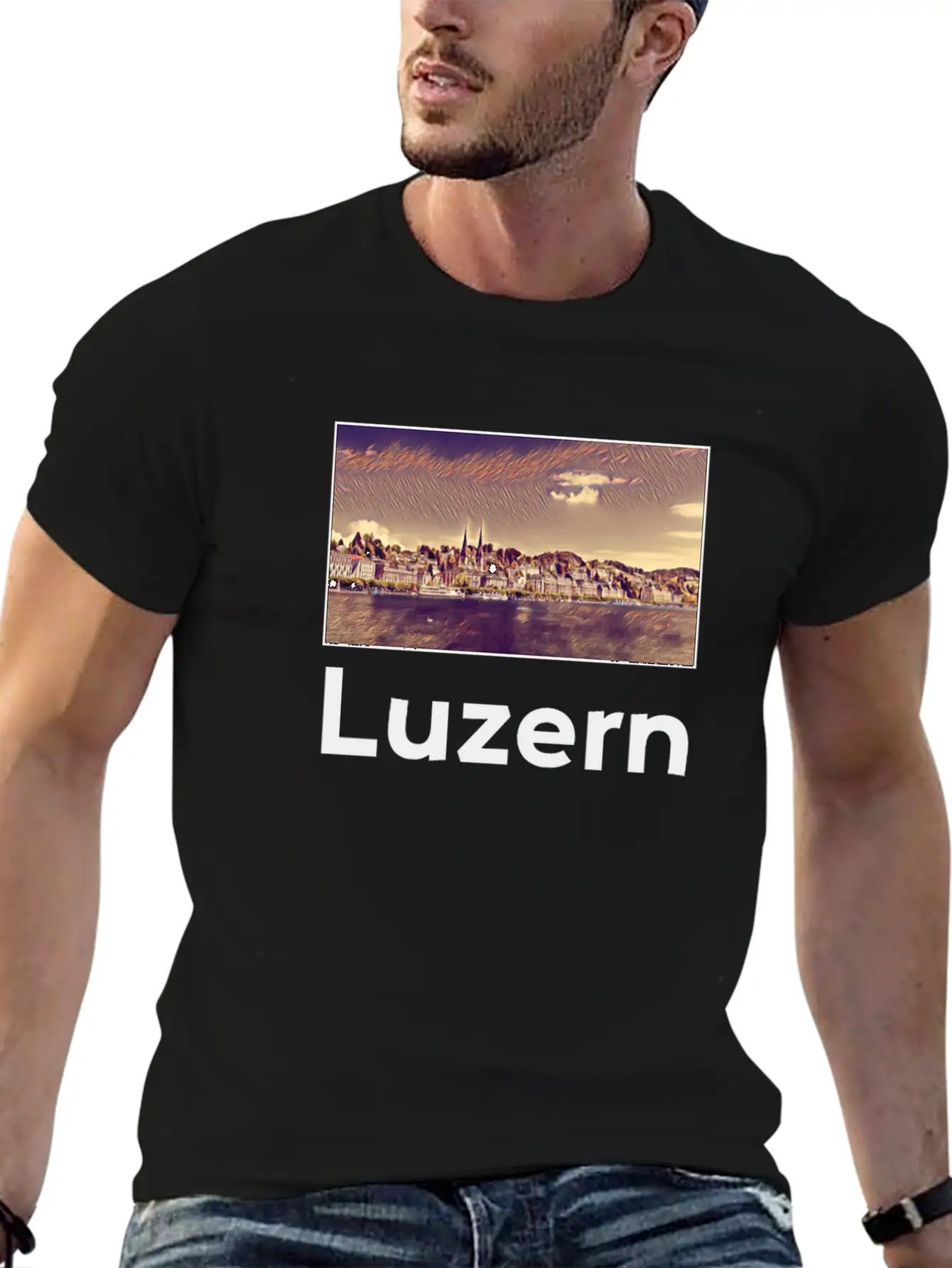 Luzern City Skyline Sights Silhouette Landmark Stylish Everyday T-Shirt – Unisex Basic Cotton Tee