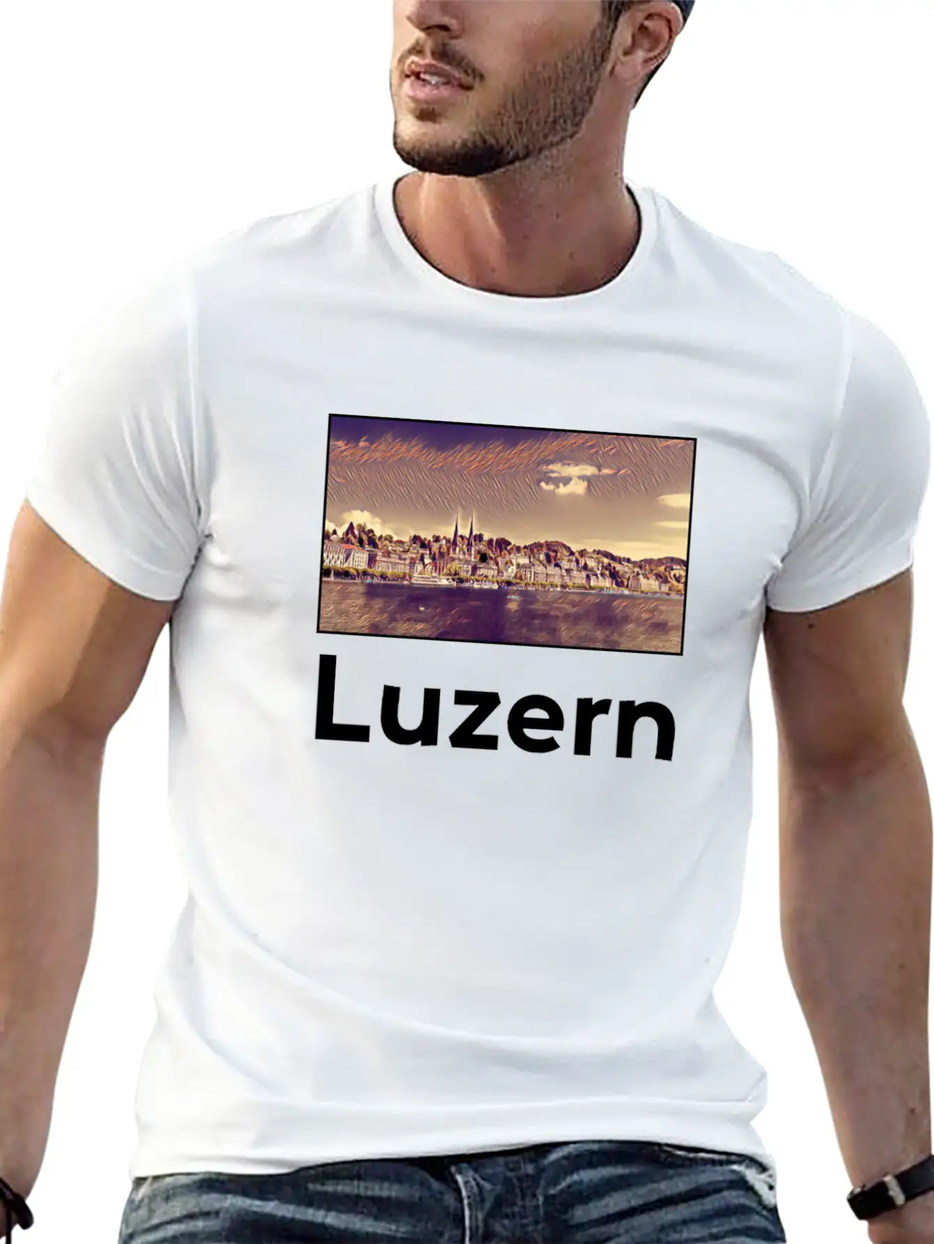 Luzern City Skyline Sights Silhouette Landmark Stylish Everyday T-Shirt – Unisex Basic Cotton Tee
