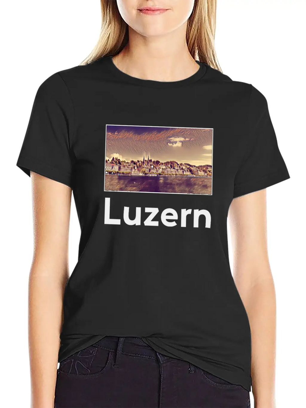 Luzern City Skyline Sights Silhouette Landmark Stylish Everyday T-Shirt – Unisex Basic Cotton Tee