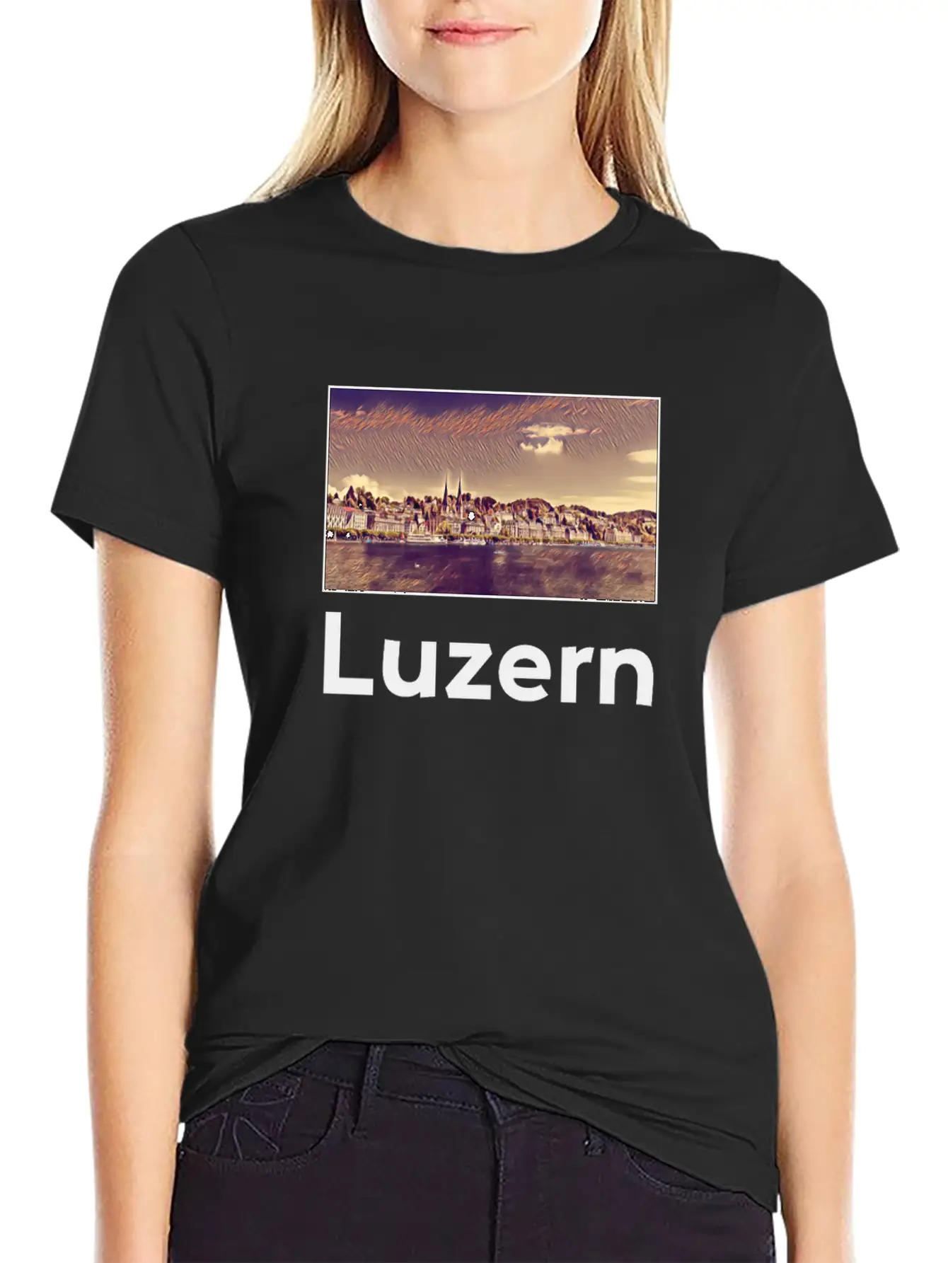 Luzern City Skyline Sights Silhouette Landmark Stylish Everyday T-Shirt – Unisex Basic Cotton Tee
