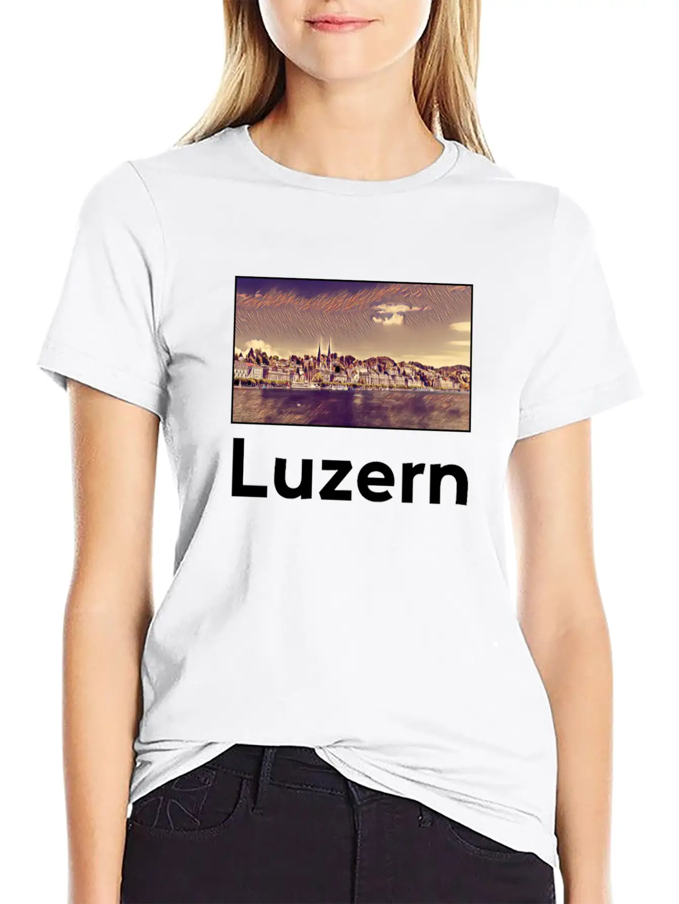 Luzern City Skyline Sights Silhouette Landmark Stylish Everyday T-Shirt – Unisex Basic Cotton Tee